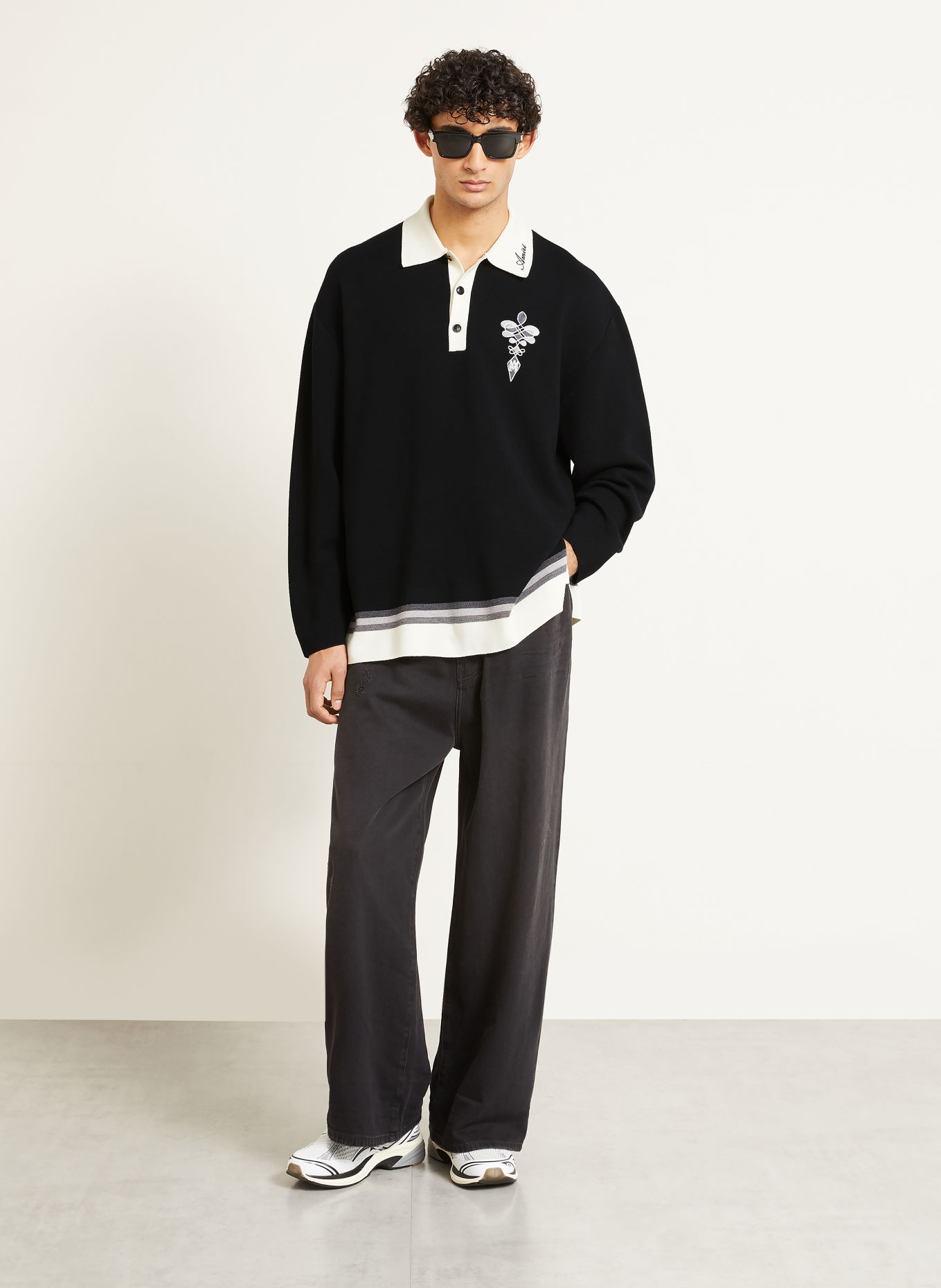 AMIRI Strick-Poloshirt: SCHWARZ / CREME / GRAU