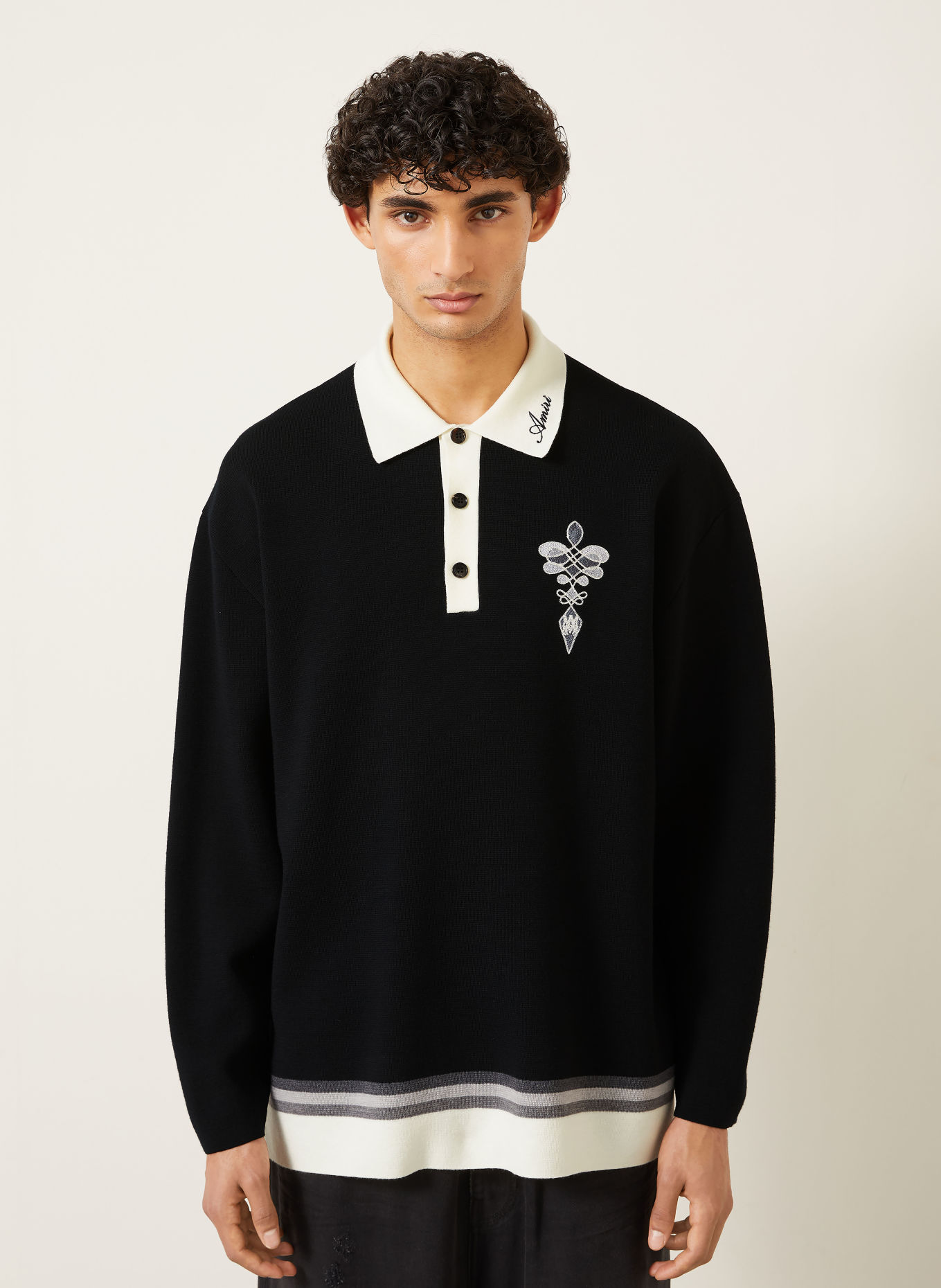 AMIRI Strick-Poloshirt: SCHWARZ / CREME / GRAU