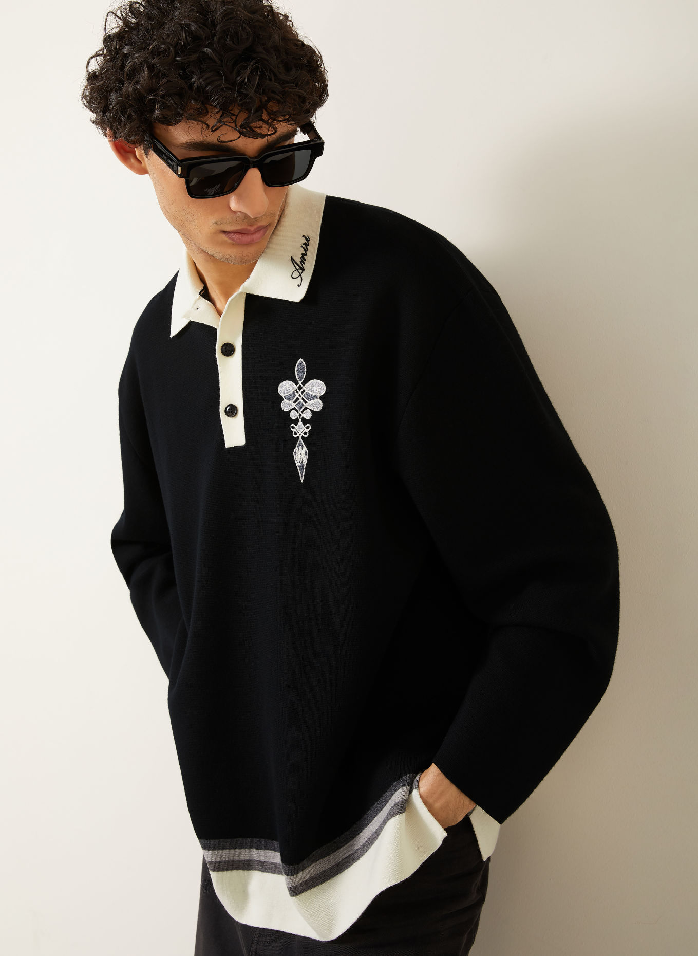 AMIRI Strick-Poloshirt: SCHWARZ / CREME / GRAU