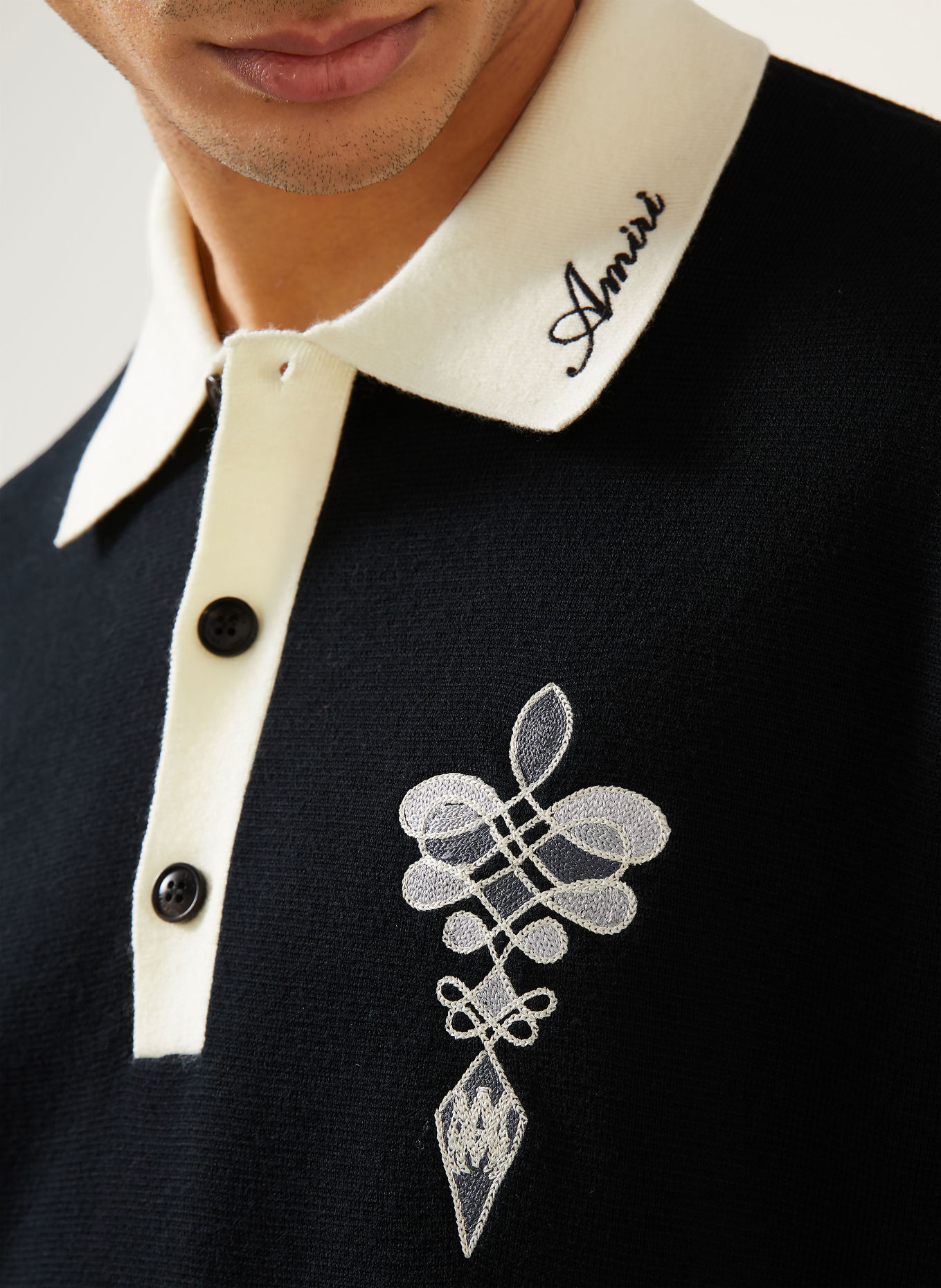 AMIRI Strick-Poloshirt: SCHWARZ / CREME / GRAU