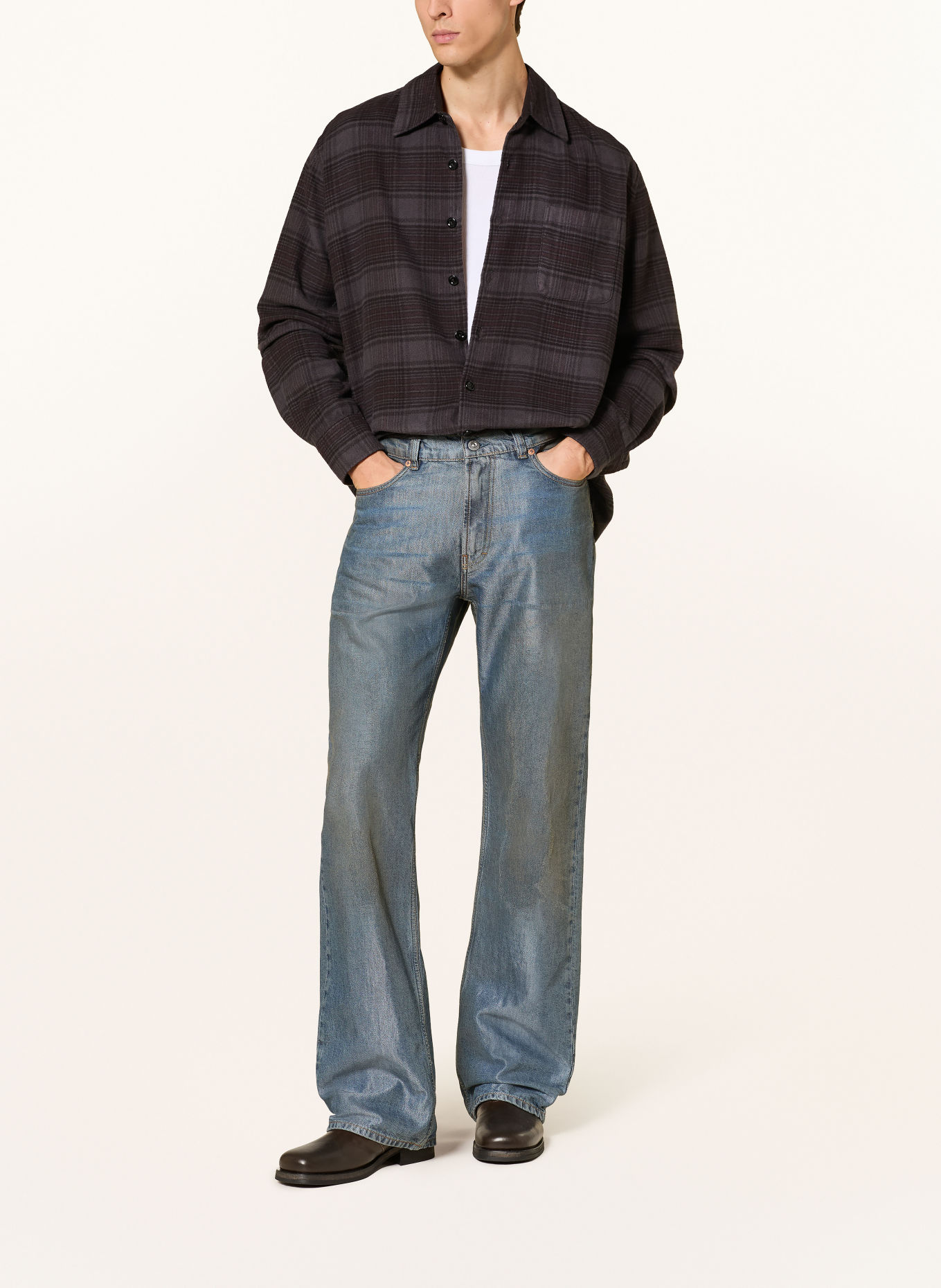 OUR LEGACY ABOVE Oversized Fit Flannel Shirt: DARK GRAY / DARK BROWN / BROWN