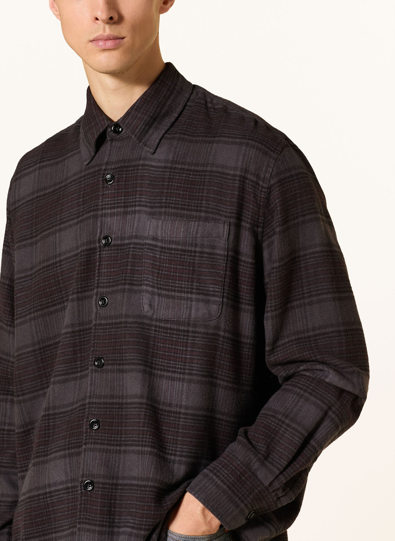 OUR LEGACY ABOVE Oversized Fit Flannel Shirt: DARK GRAY / DARK BROWN / BROWN