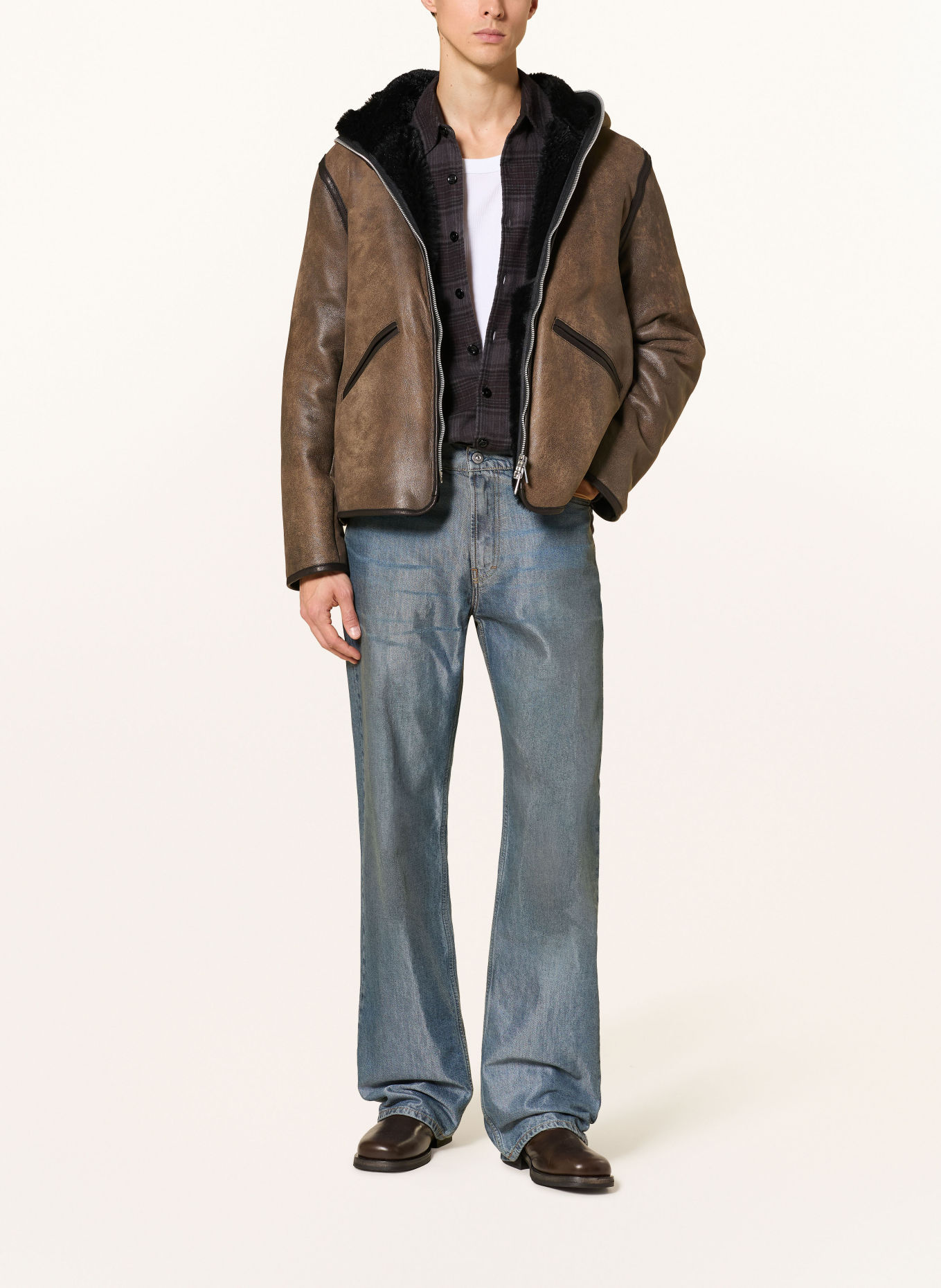 OUR LEGACY Leather jacket with faux fur: BROWN / DARK BROWN