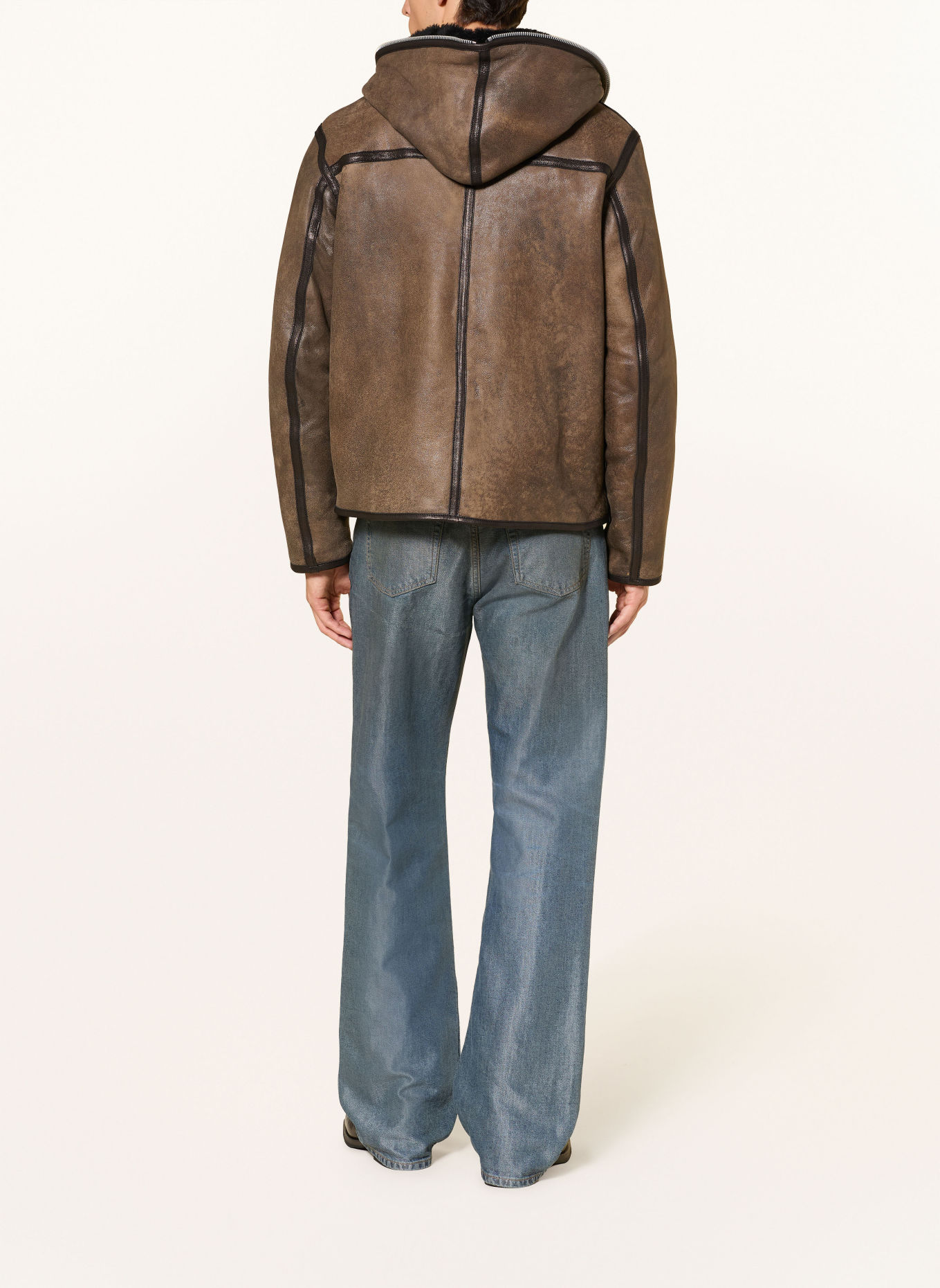 OUR LEGACY Leather jacket with faux fur: BROWN / DARK BROWN