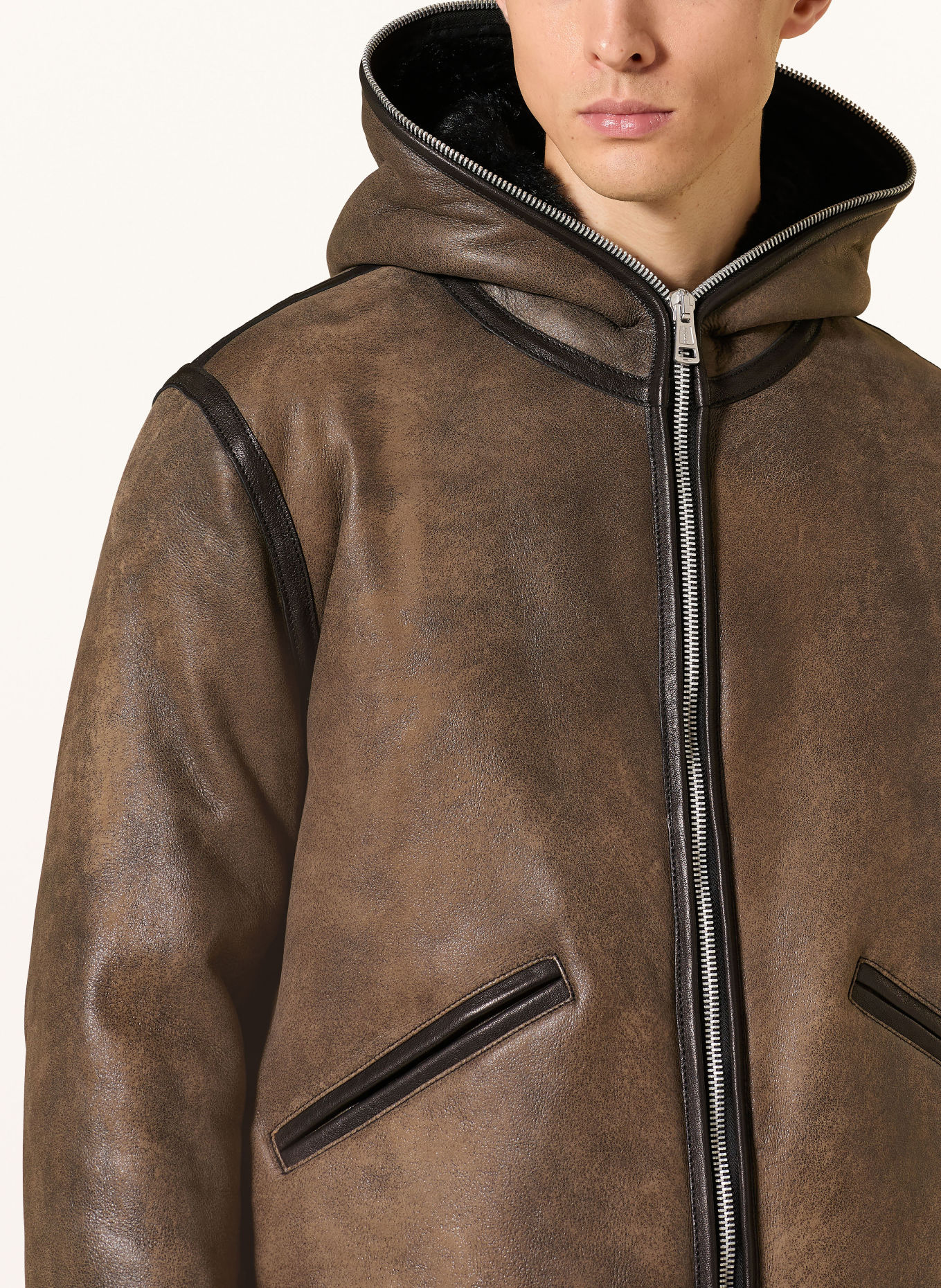 OUR LEGACY Leather jacket with faux fur: BROWN / DARK BROWN