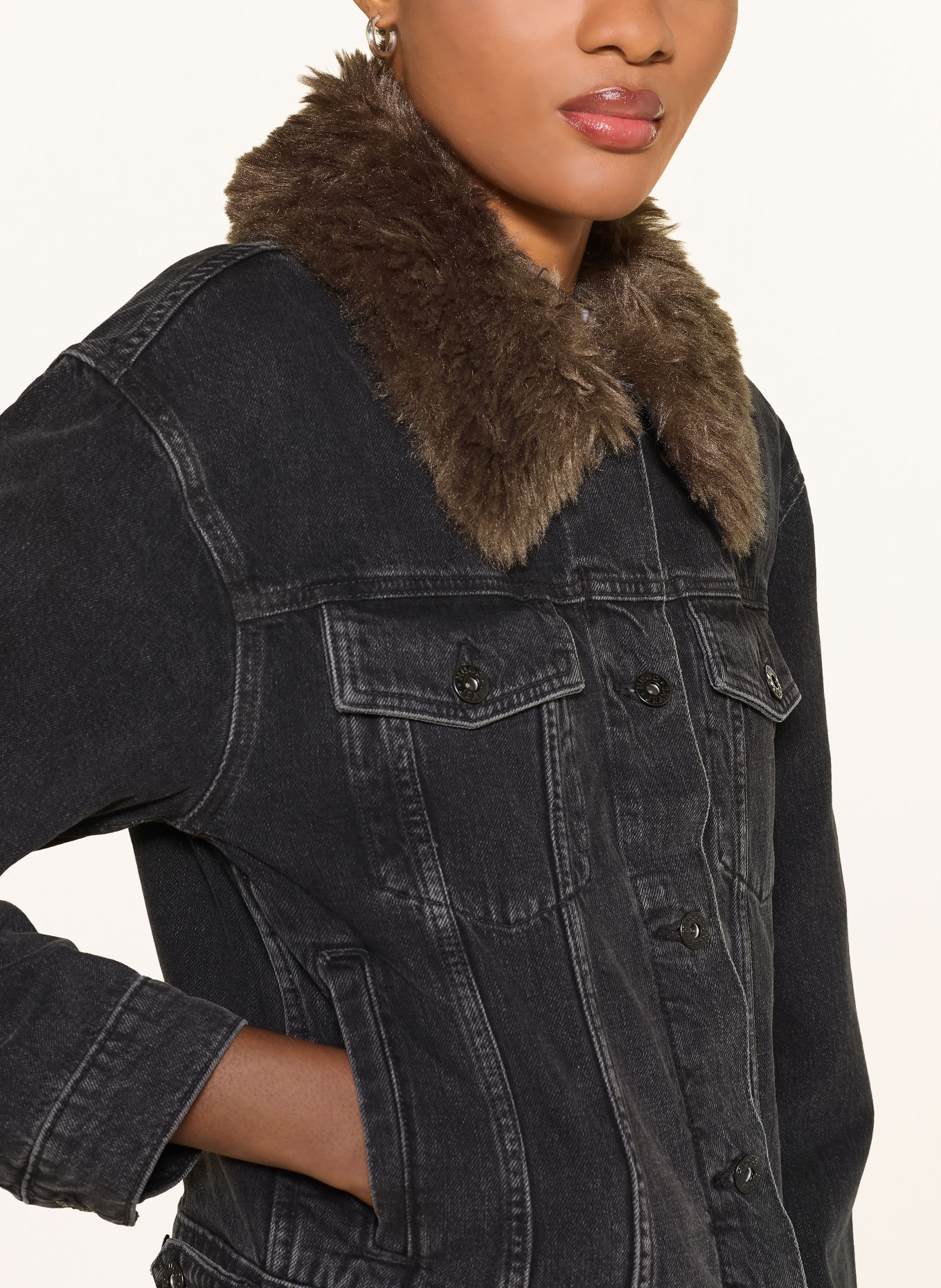 HUGO GLAMIS denim jacket with removable faux fur: 004 BLACK