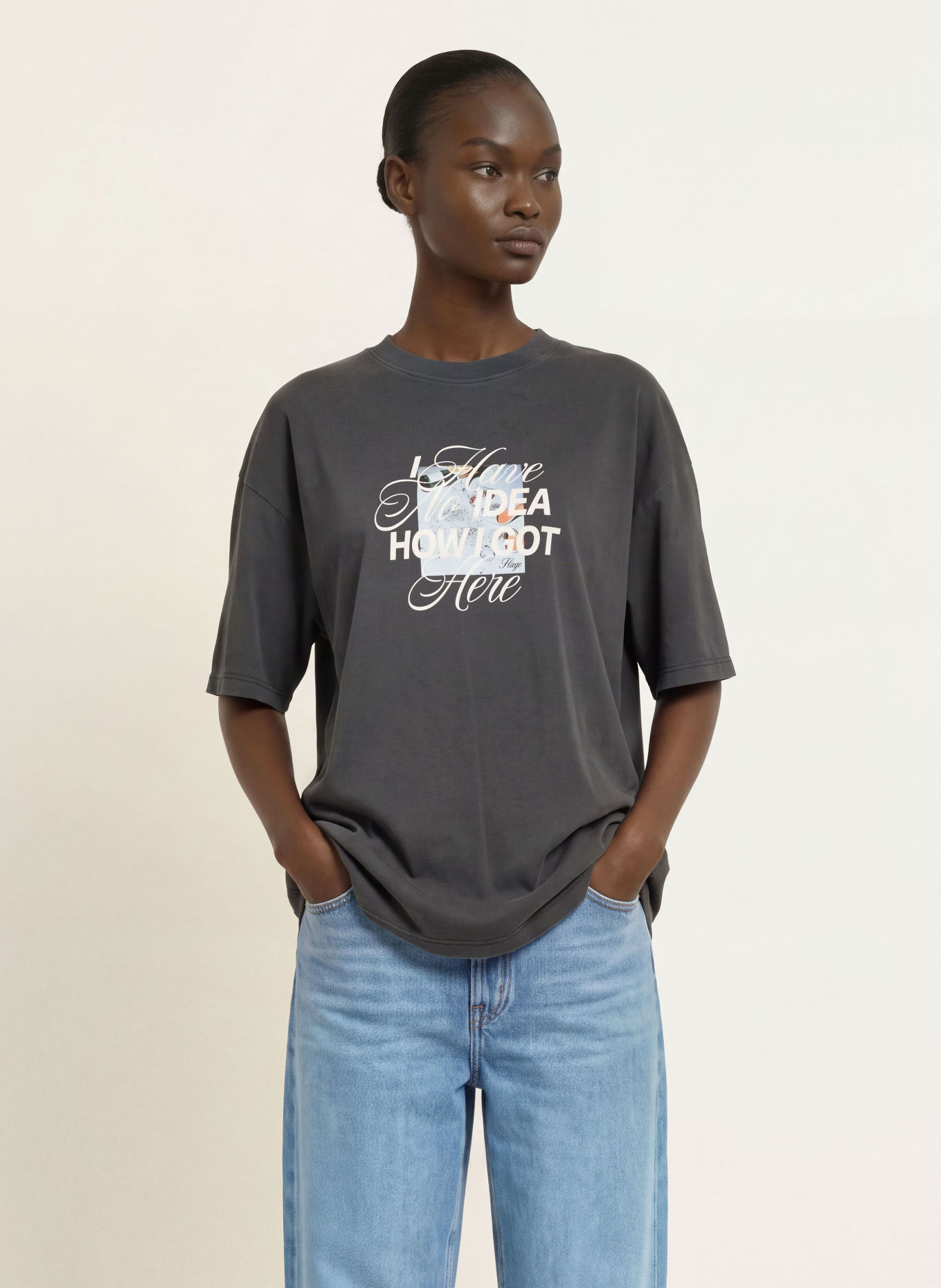 HUGO Oversized-Shirt: DUNKELGRAU / HELLBLAU / WEISS