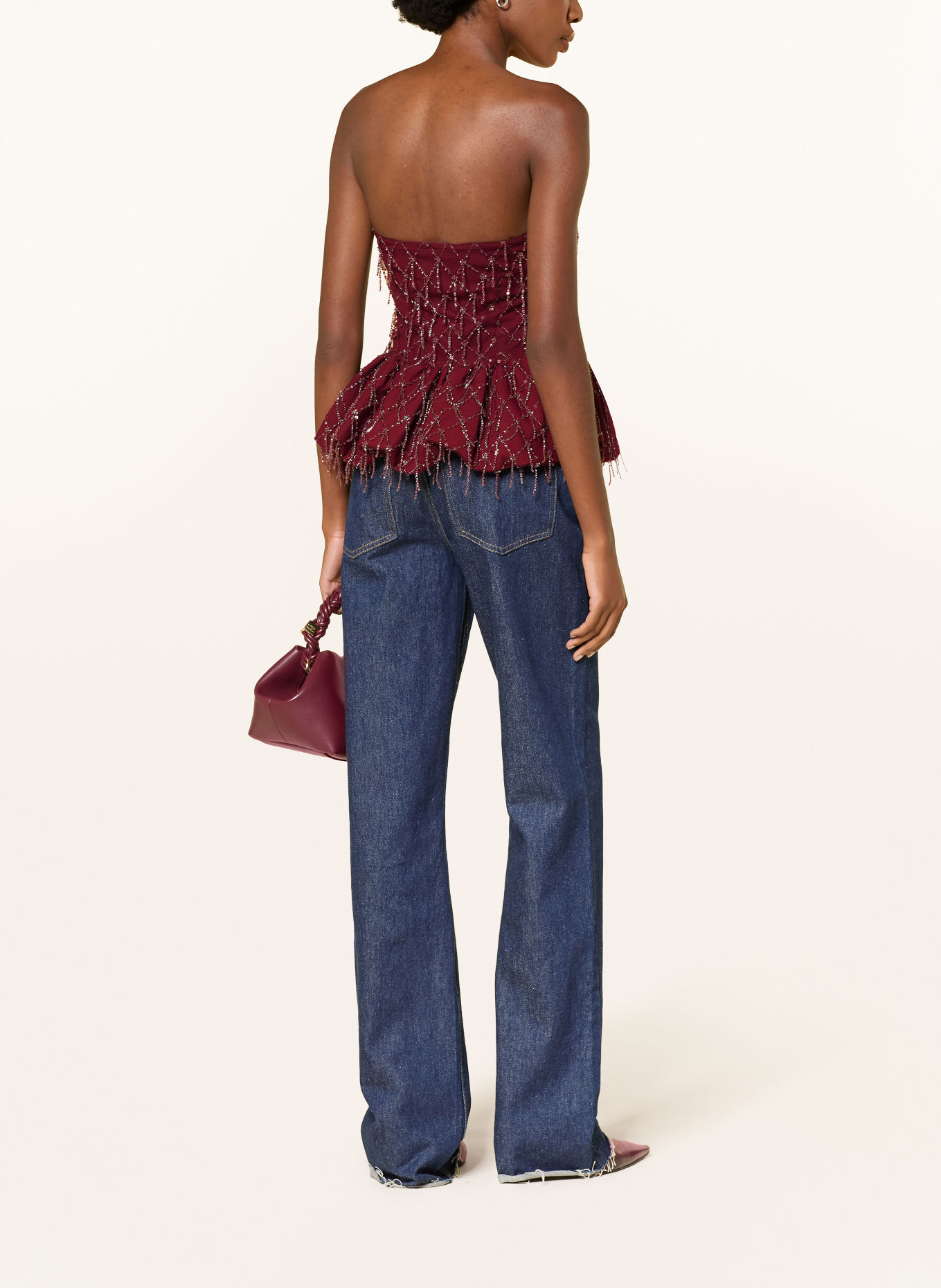 ROTATE Off-shoulder top met sieradenparels en pailletten: DONKERROOD