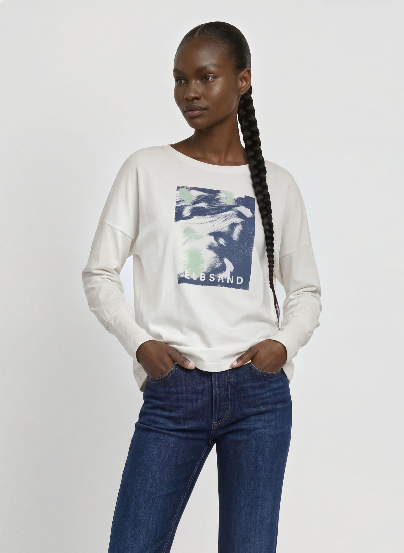 ELBSAND Longsleeve ILENA: WIT / LICHTGROEN / DONKERBLAUW