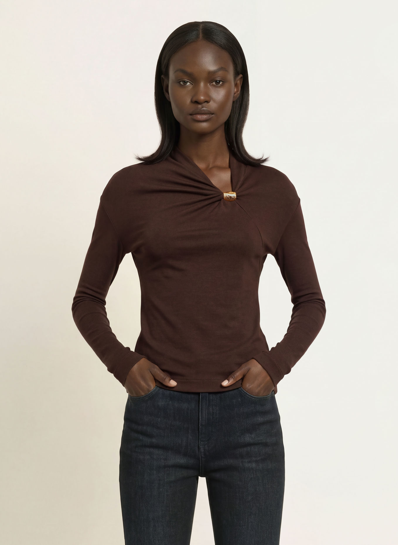 BOSS Langærmet T-shirt EDONYA: MØRKEBRUN