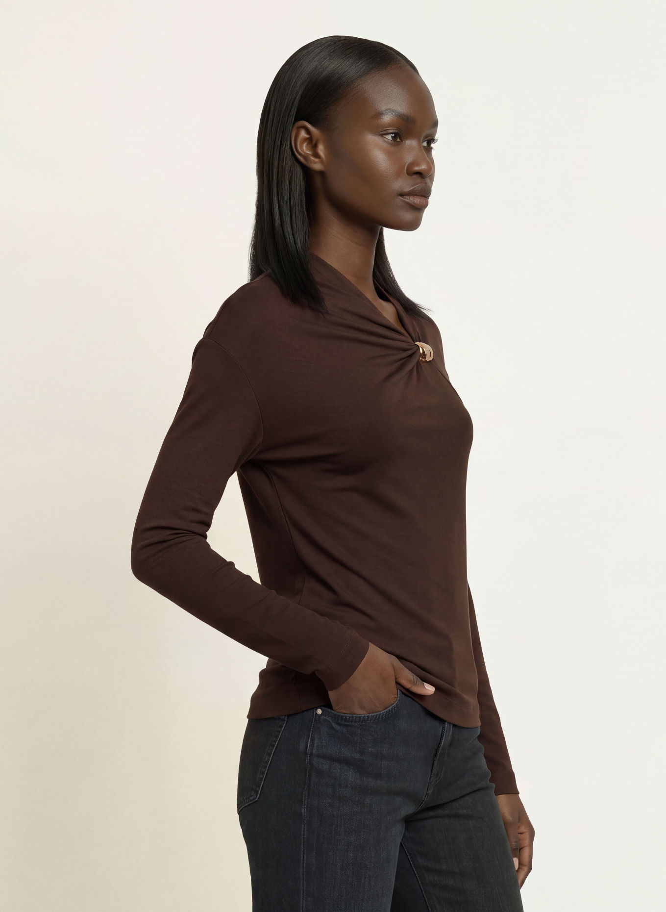 BOSS Langærmet T-shirt EDONYA: MØRKEBRUN