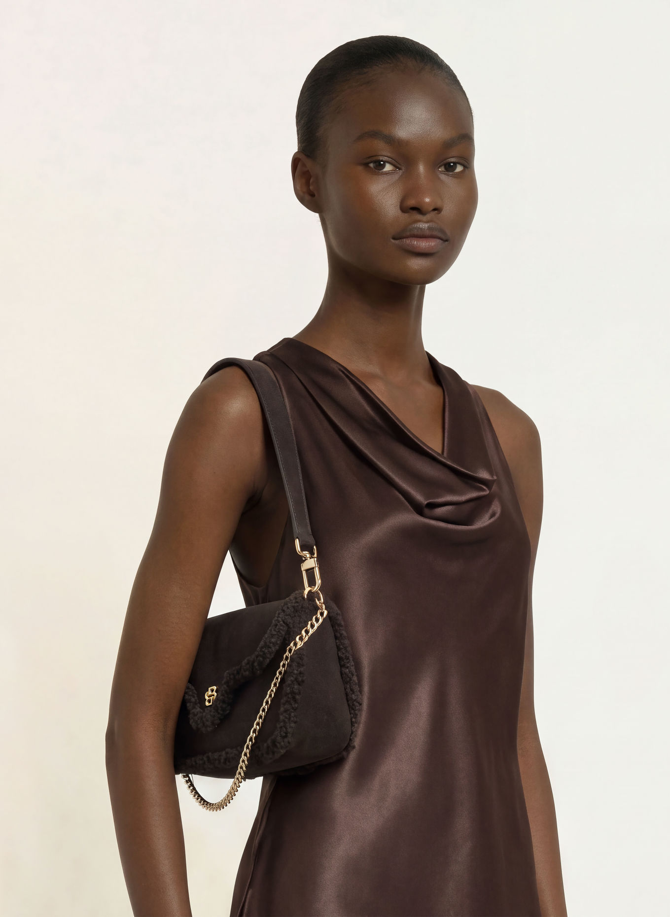 BOSS BOUANA Satin Blouse Top: DARK BROWN