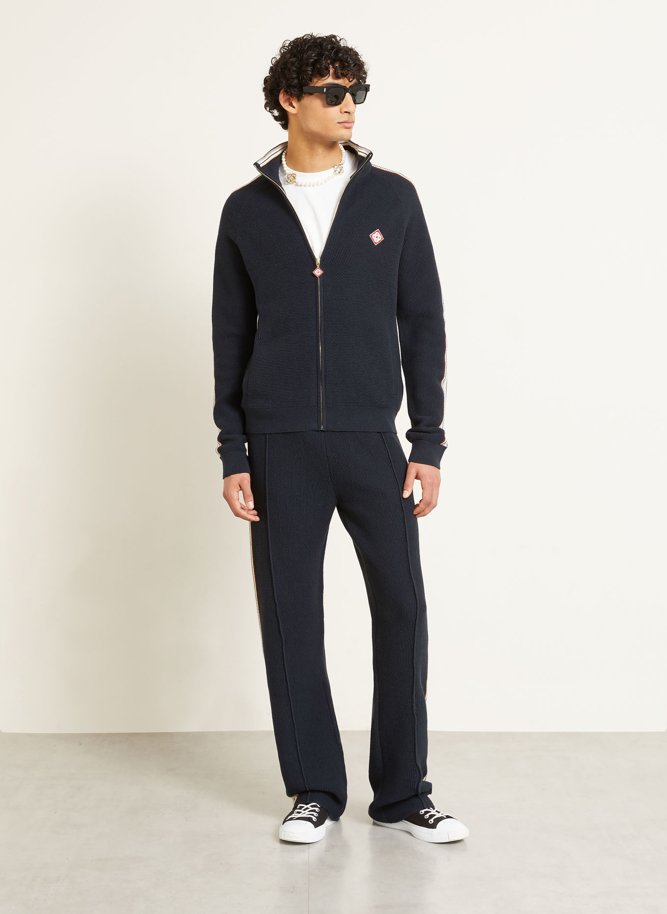 Casablanca Pantalon en maille avec bandes de galon: BLEU FONCÉ / CRÈME / JAUNE