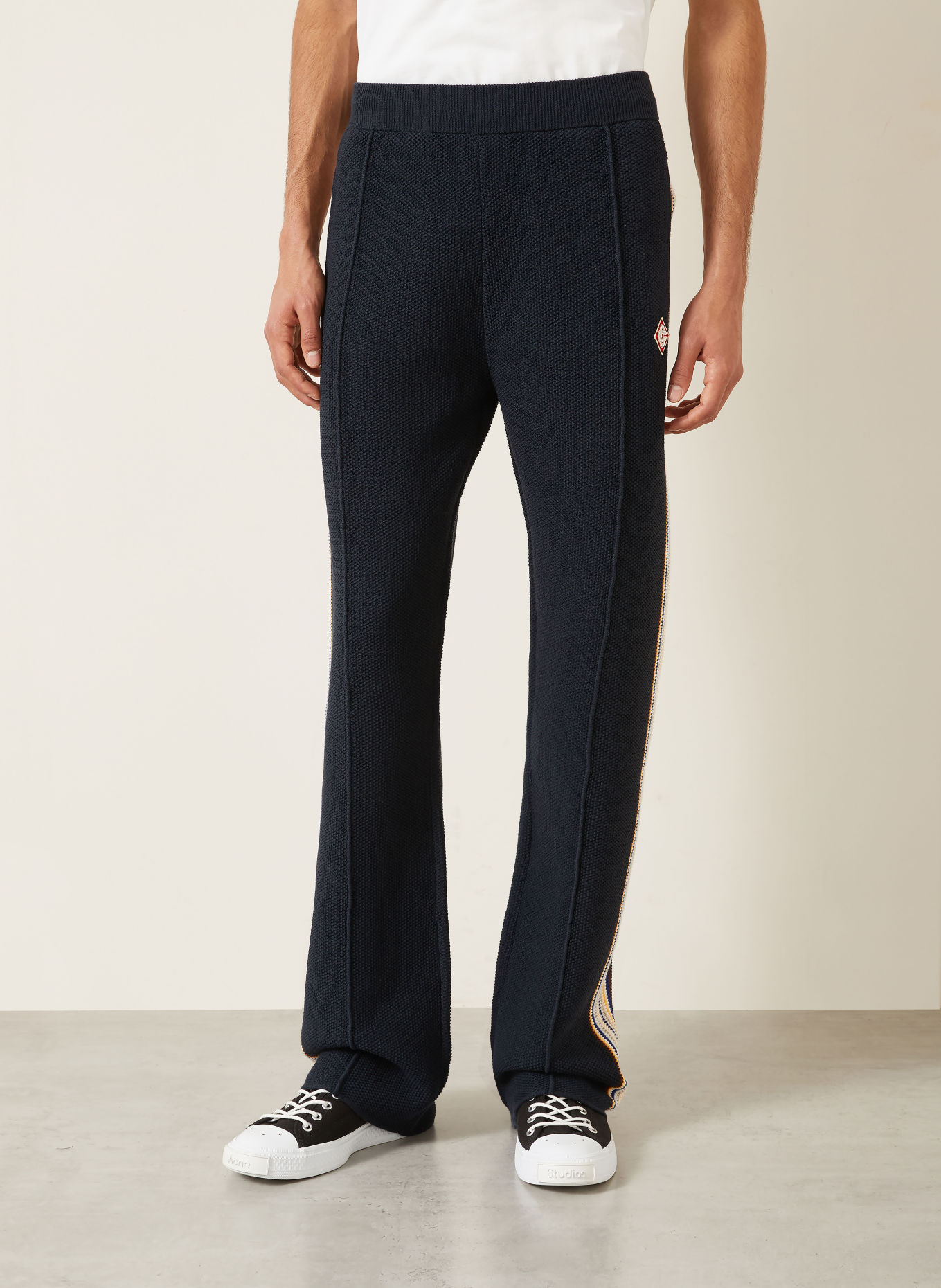 Casablanca Pantalon en maille avec bandes de galon: BLEU FONCÉ / CRÈME / JAUNE