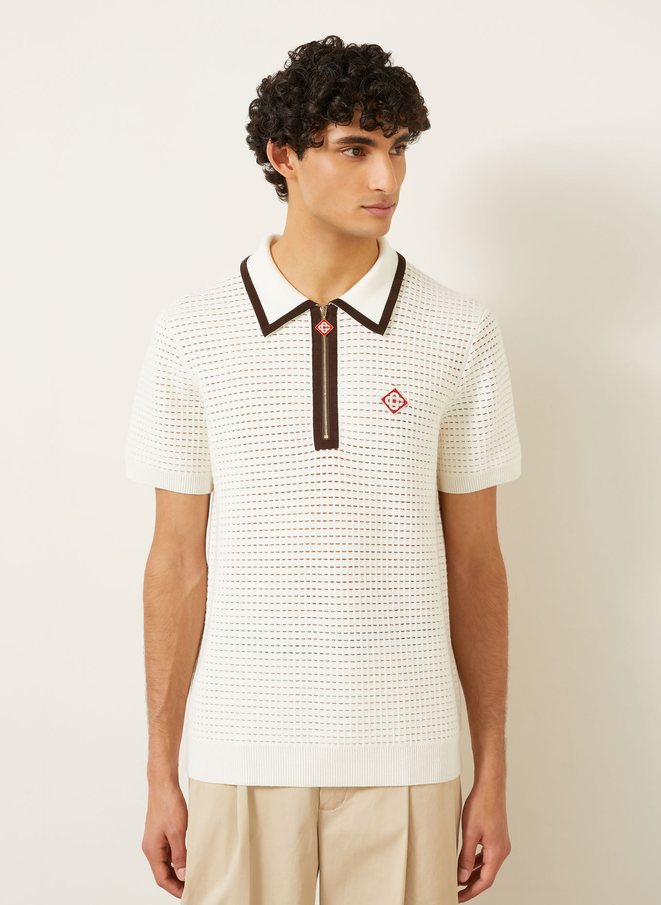 Casablanca Polo en maille de laine mérinos: BLANC / NOIR