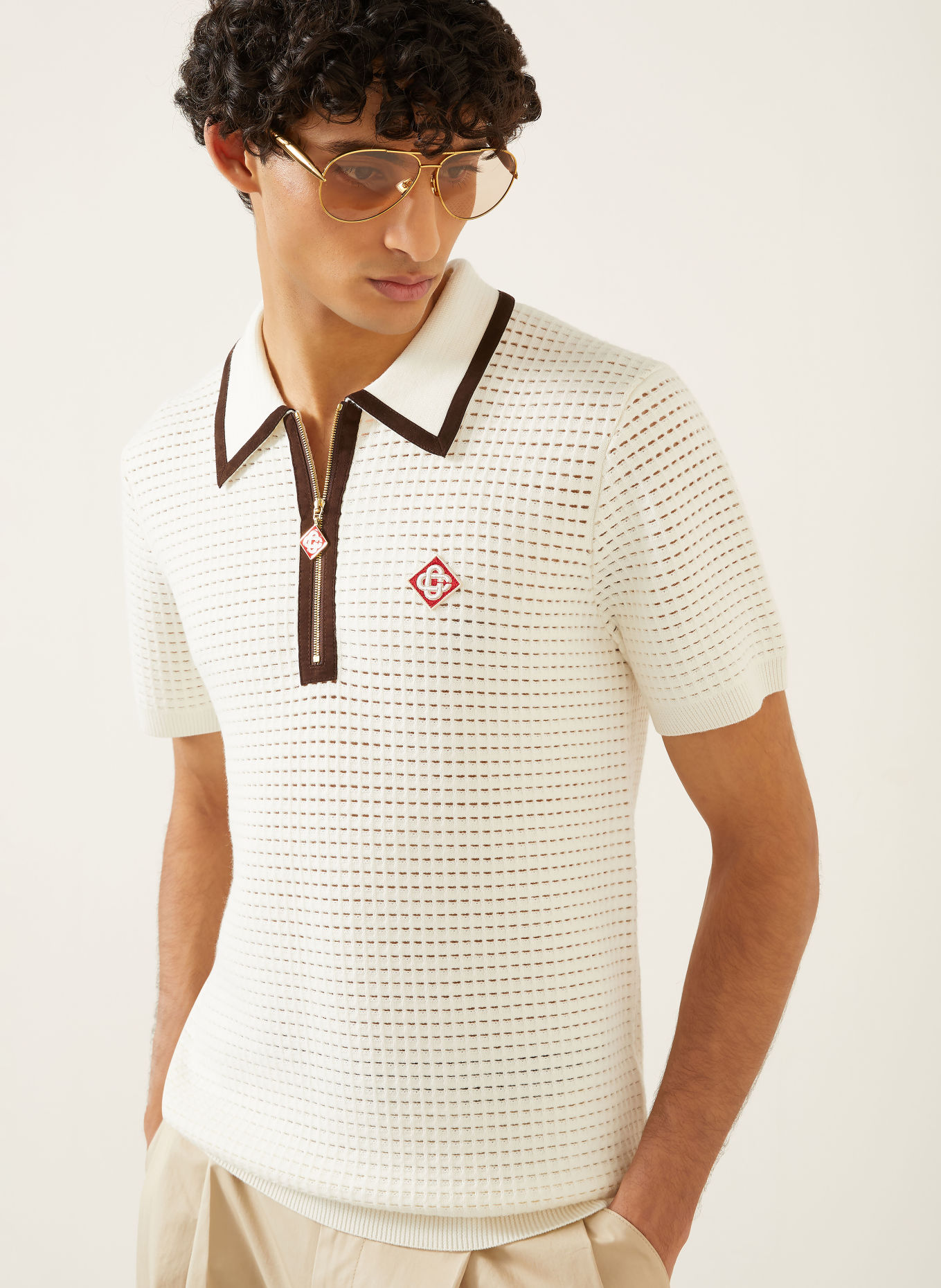 Casablanca Polo en maille de laine mérinos: BLANC / NOIR