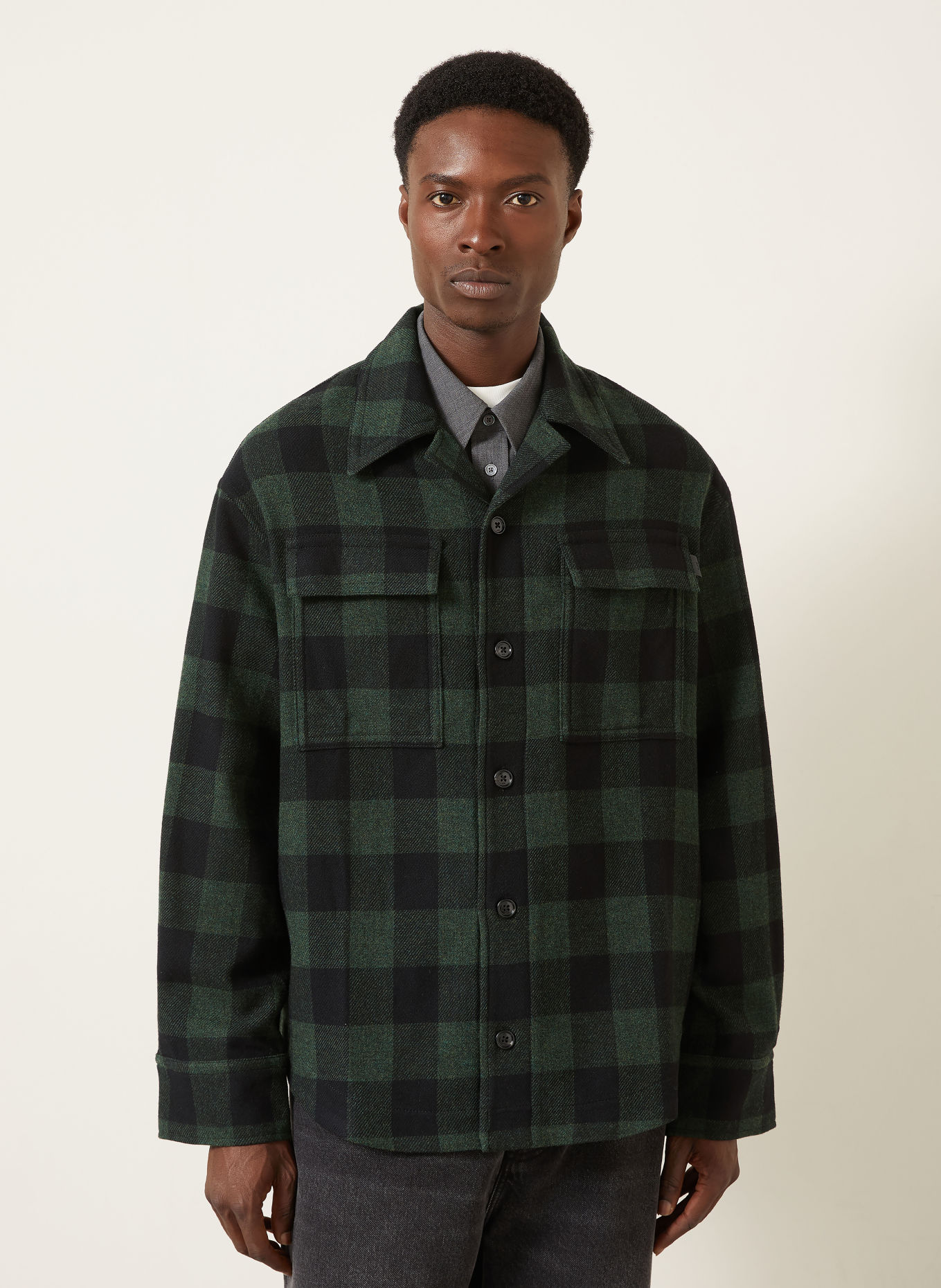AMI PARIS Flanel overshirt: BLACK / DARK GREEN