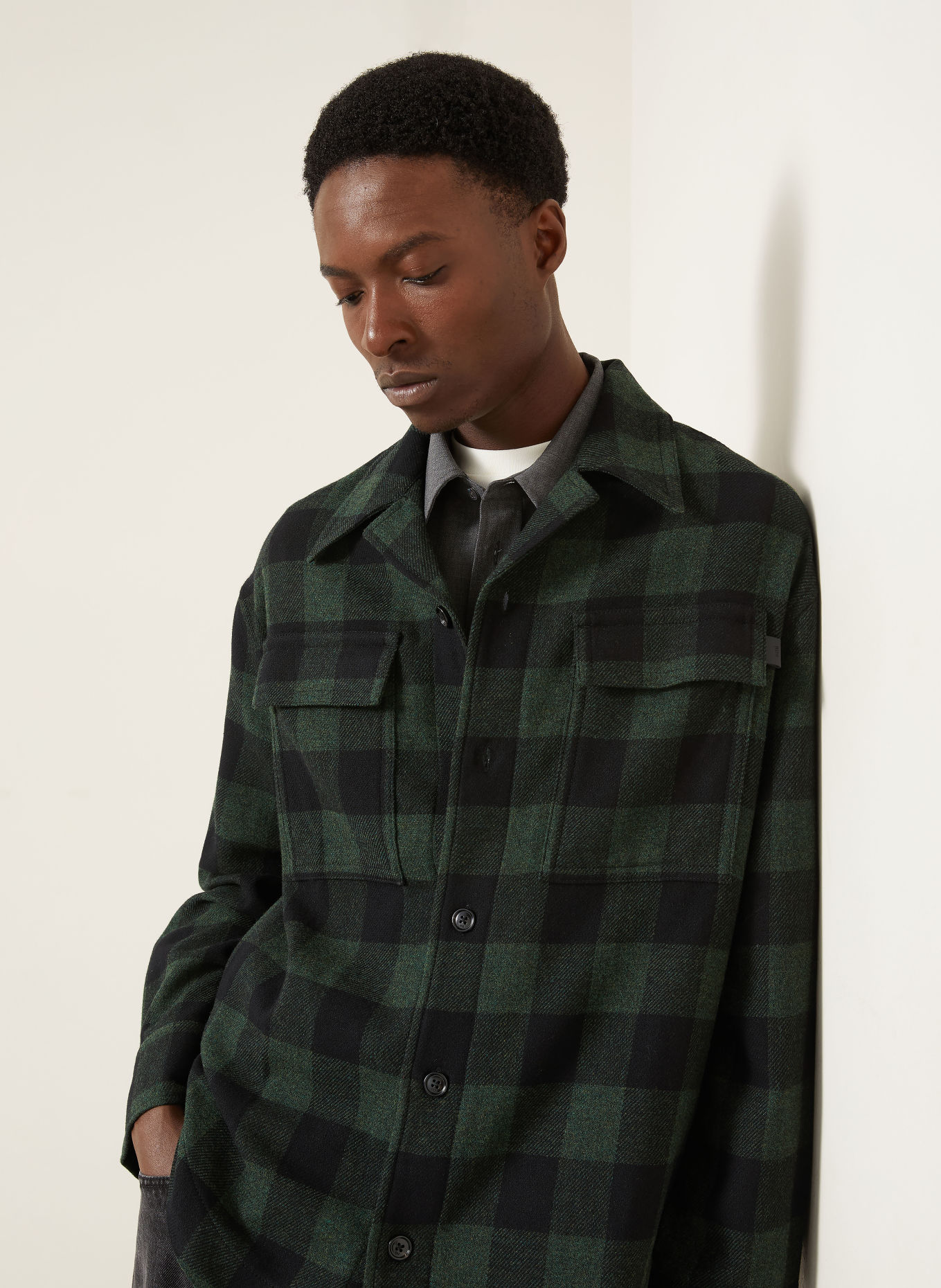 AMI PARIS Flanel overshirt: BLACK / DARK GREEN
