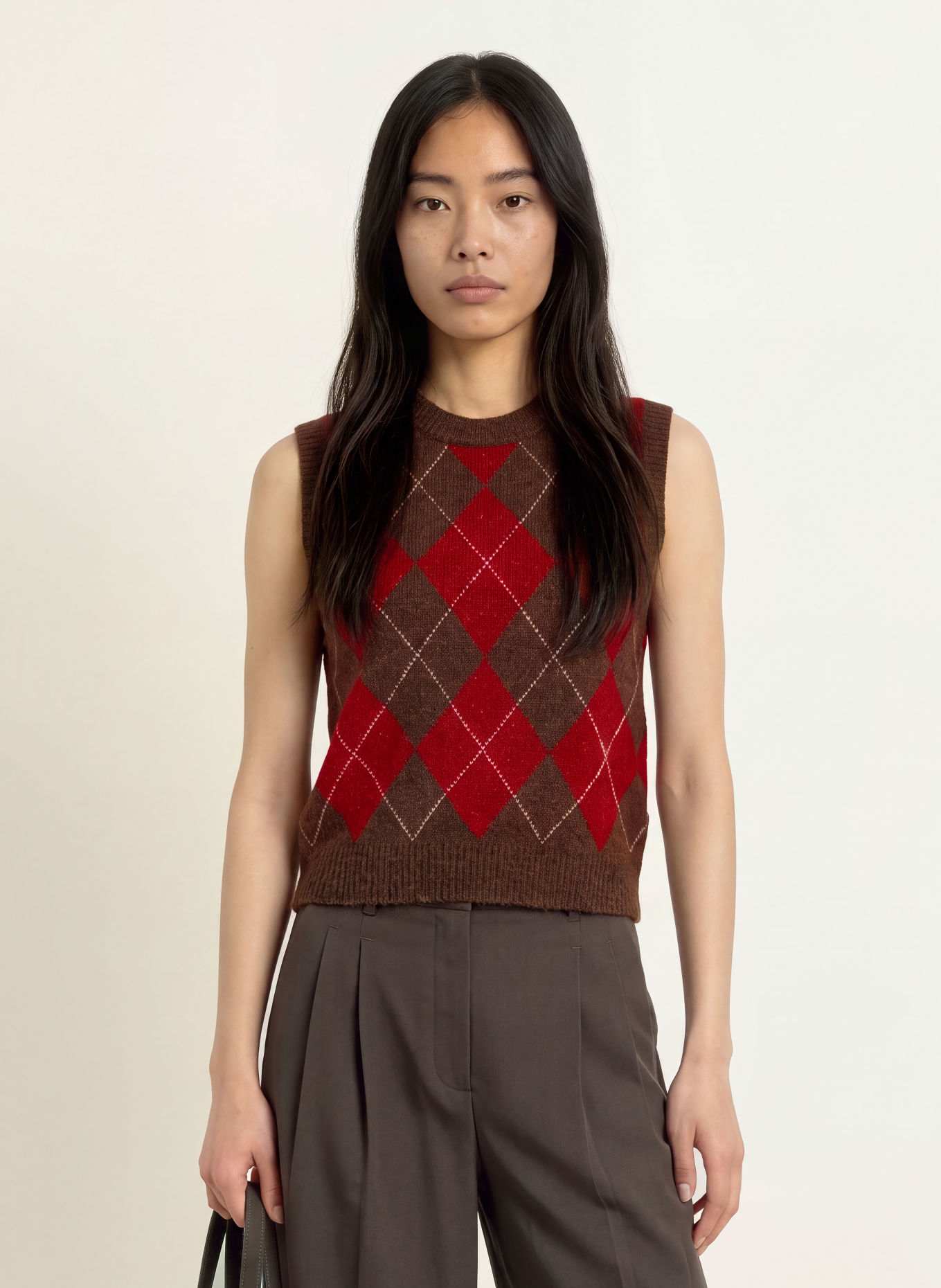 YERSE Pull sans manches DIAMOND: MARRON FONCÉ / ROUGE / BLANC