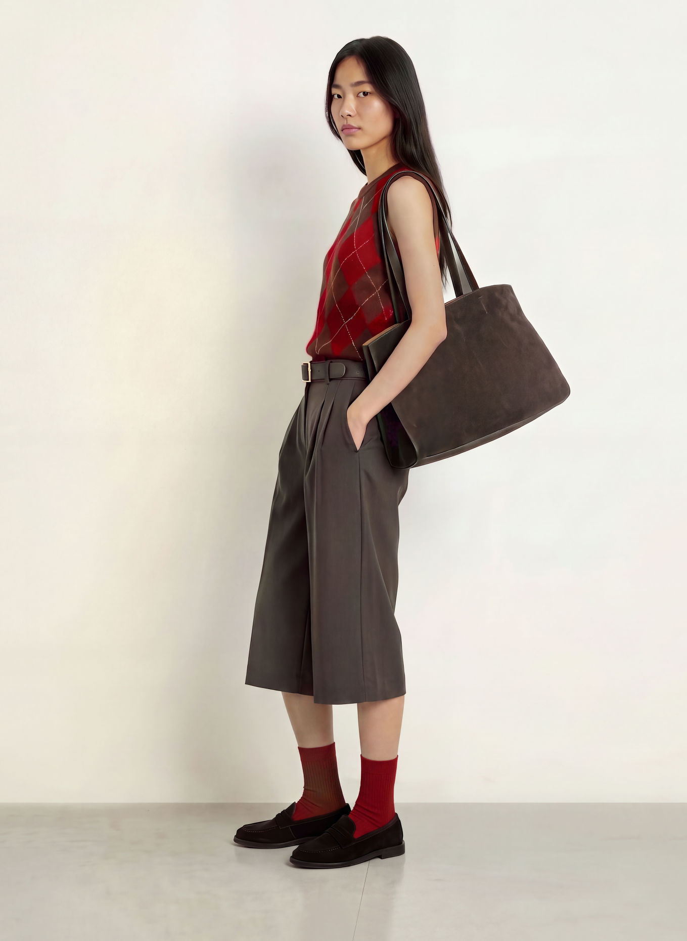 YERSE Pull sans manches DIAMOND: MARRON FONCÉ / ROUGE / BLANC