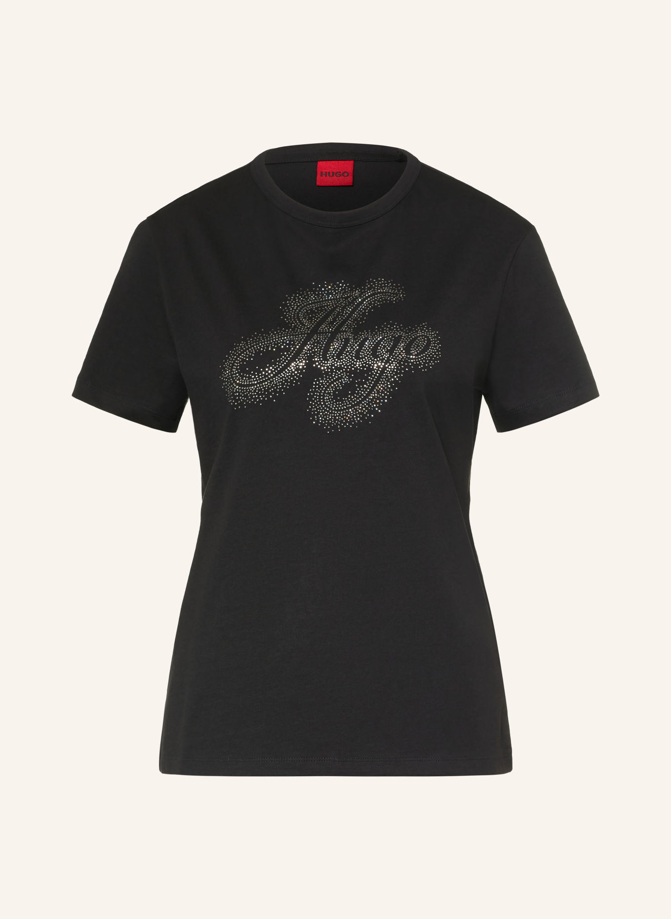 HUGO T-Shirt DAMACIA mit Schmucksteinen: SCHWARZ / SILBER