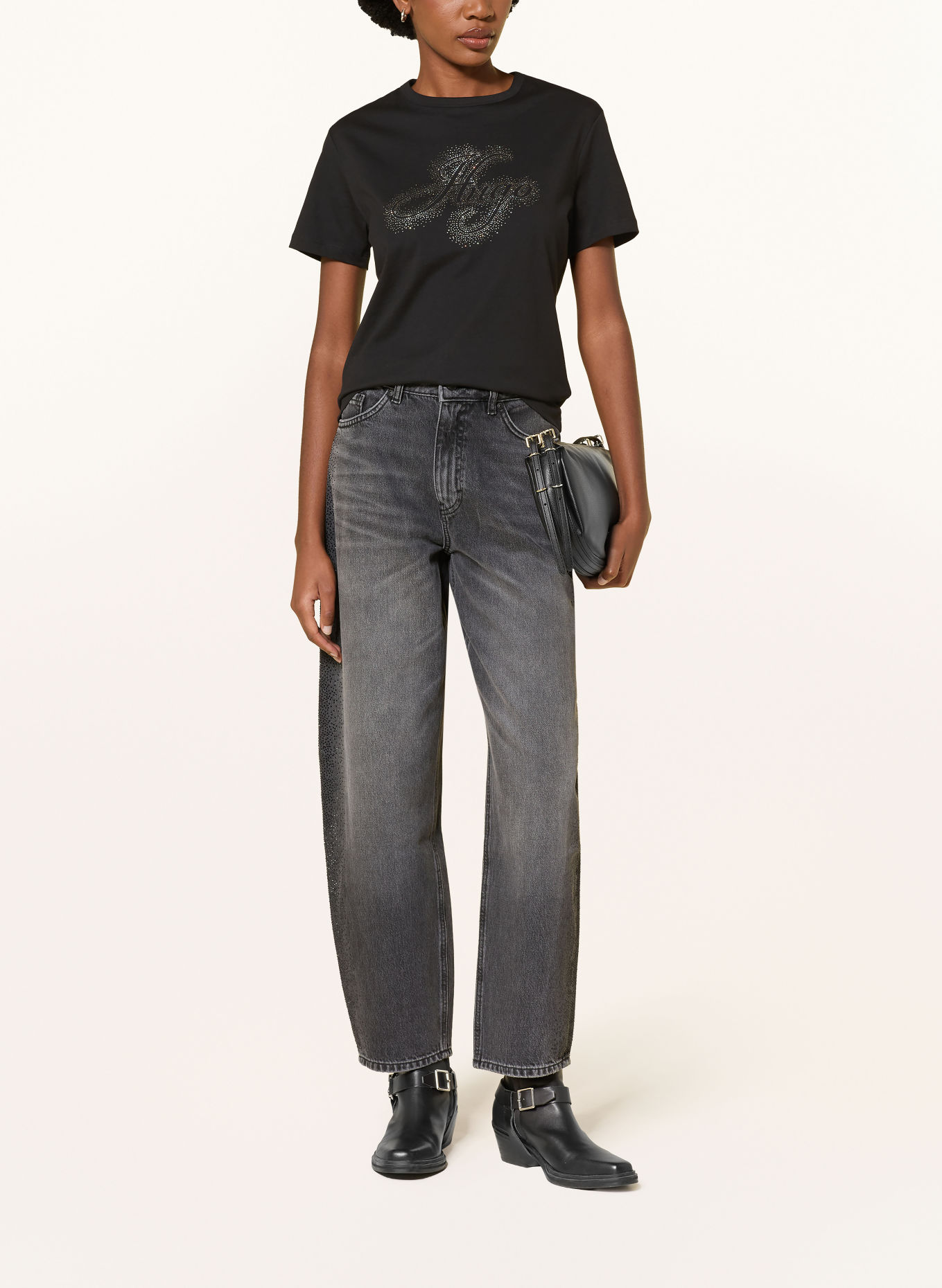 HUGO T-Shirt DAMACIA mit Schmucksteinen: SCHWARZ / SILBER