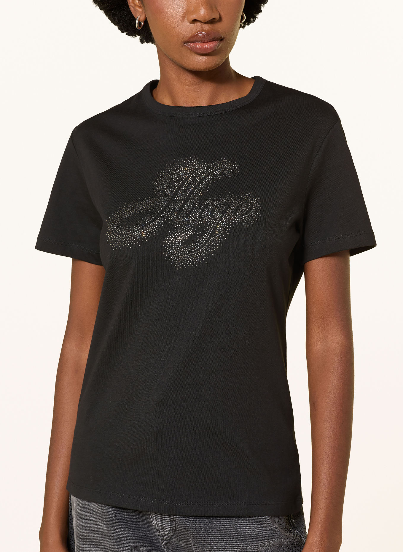 HUGO T-Shirt DAMACIA mit Schmucksteinen: SCHWARZ / SILBER