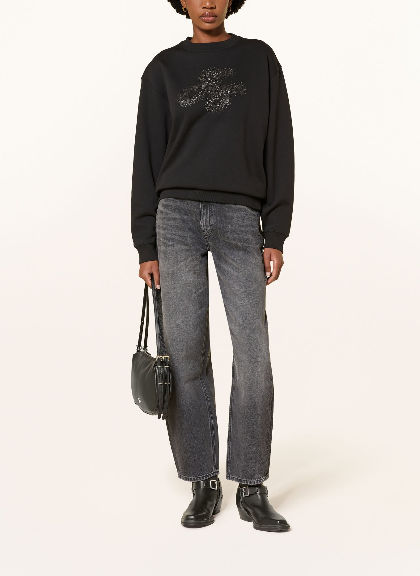 HUGO Sweatshirt DANICEY mit Schmucksteinen: SCHWARZ / SILBER