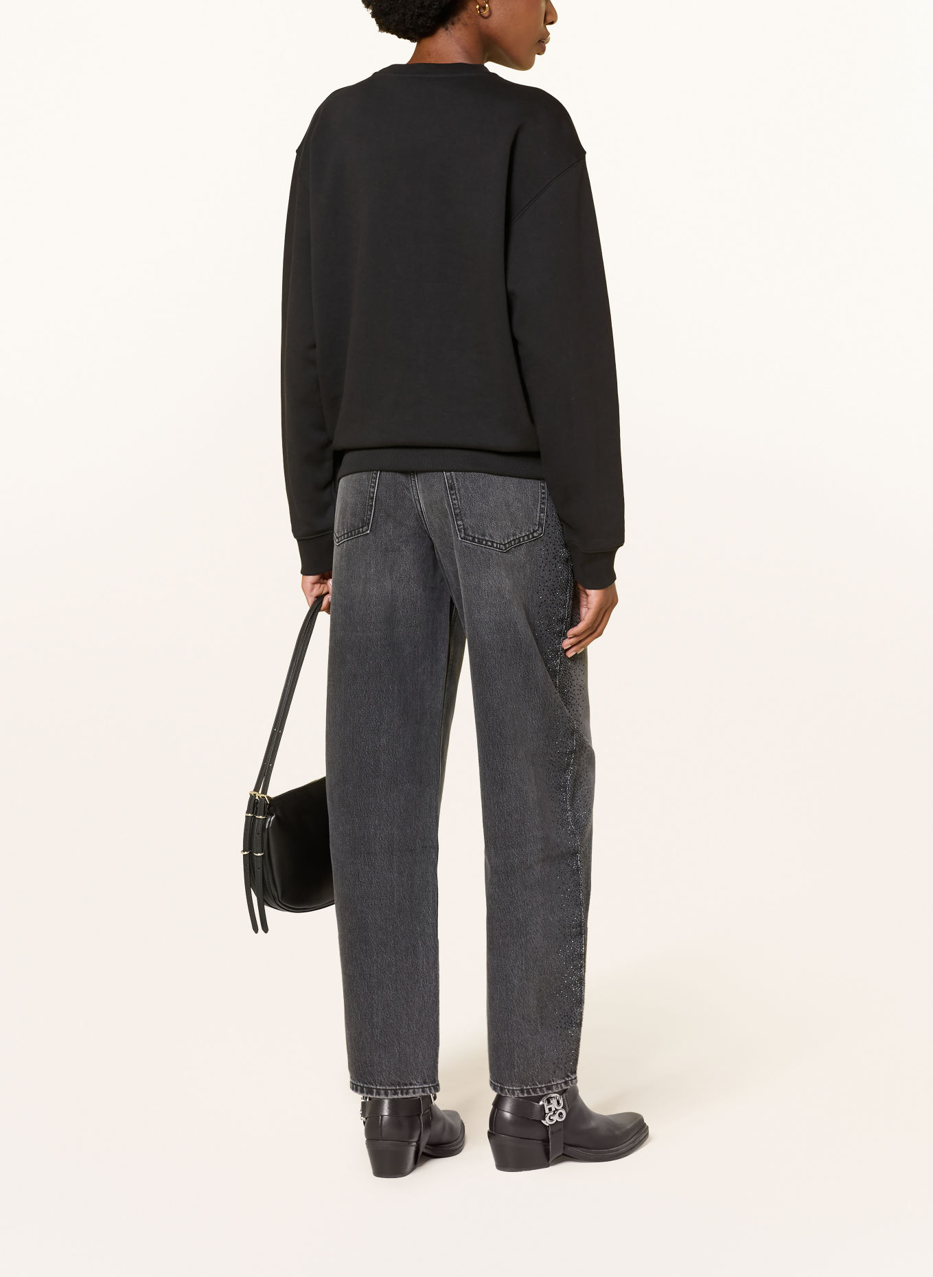 HUGO Sweatshirt DANICEY mit Schmucksteinen: SCHWARZ / SILBER