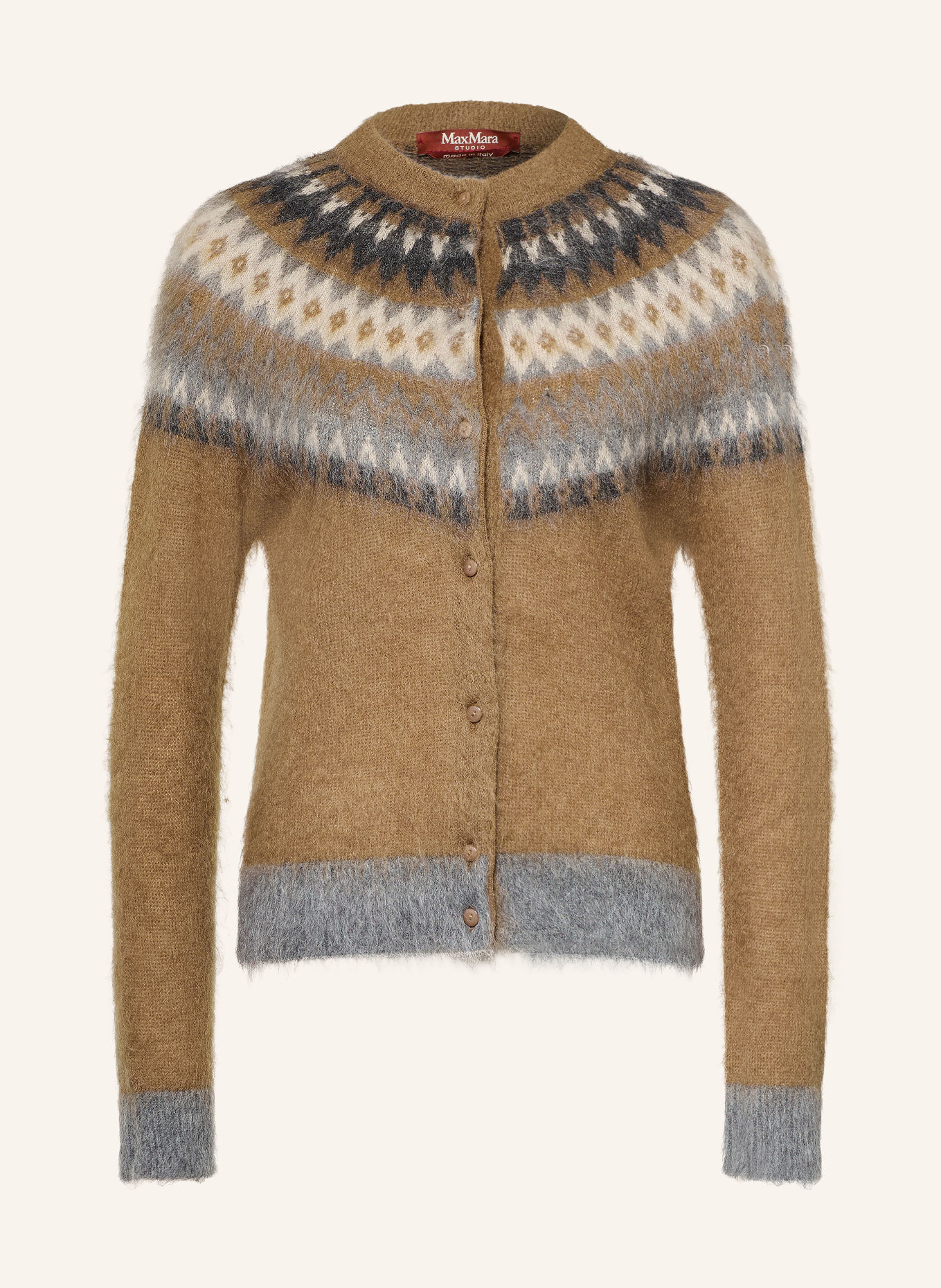 Max Mara STUDIO MERINGA Cardigan with Mohair: BROWN / CREAM / GRAY
