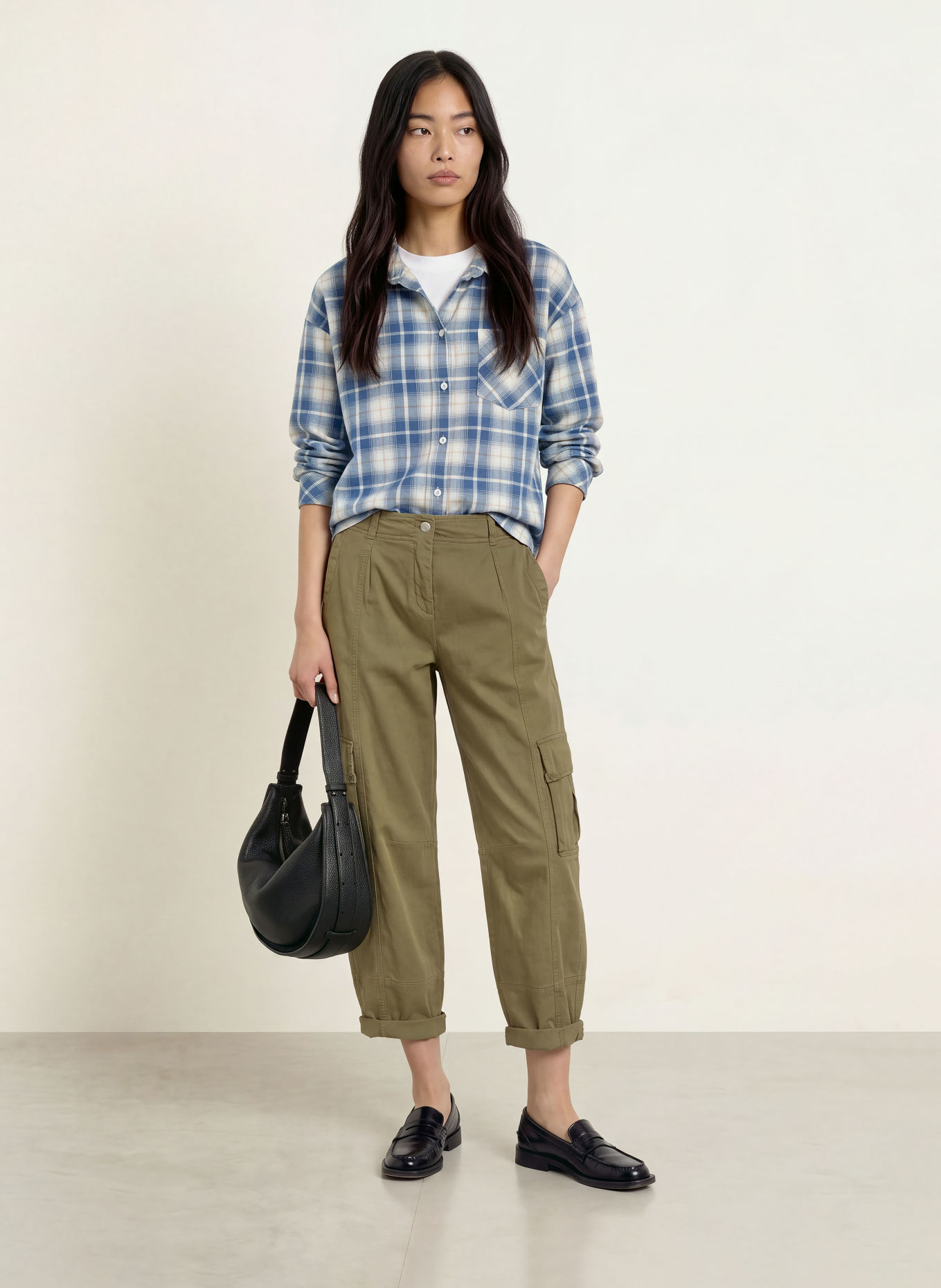 Emily VAN DEN BERGH Flanellen overhemdblouse: BLAUW / BEIGE / WIT