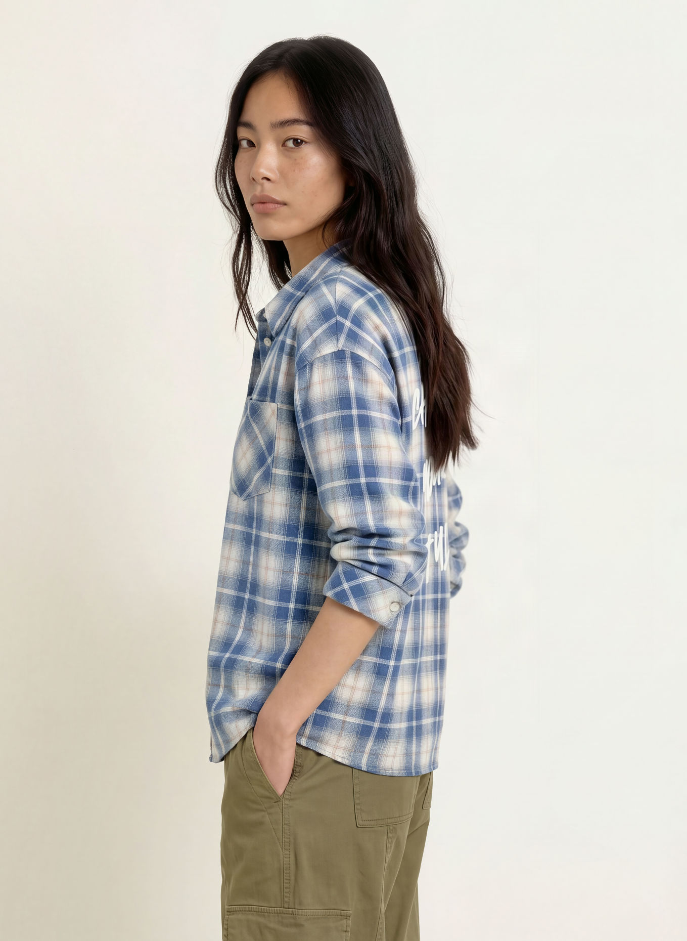 Emily VAN DEN BERGH Flanellen overhemdblouse: BLAUW / BEIGE / WIT