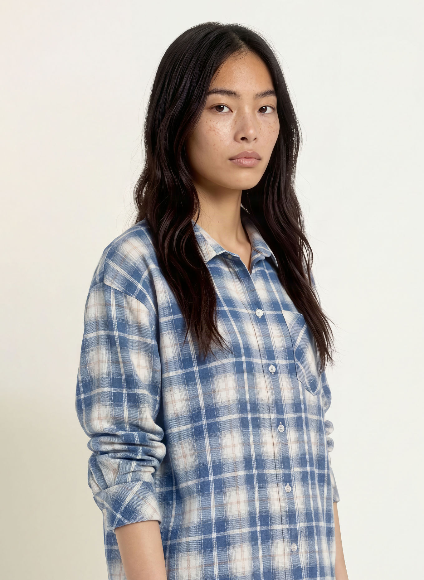 Emily VAN DEN BERGH Flanellen overhemdblouse: BLAUW / BEIGE / WIT