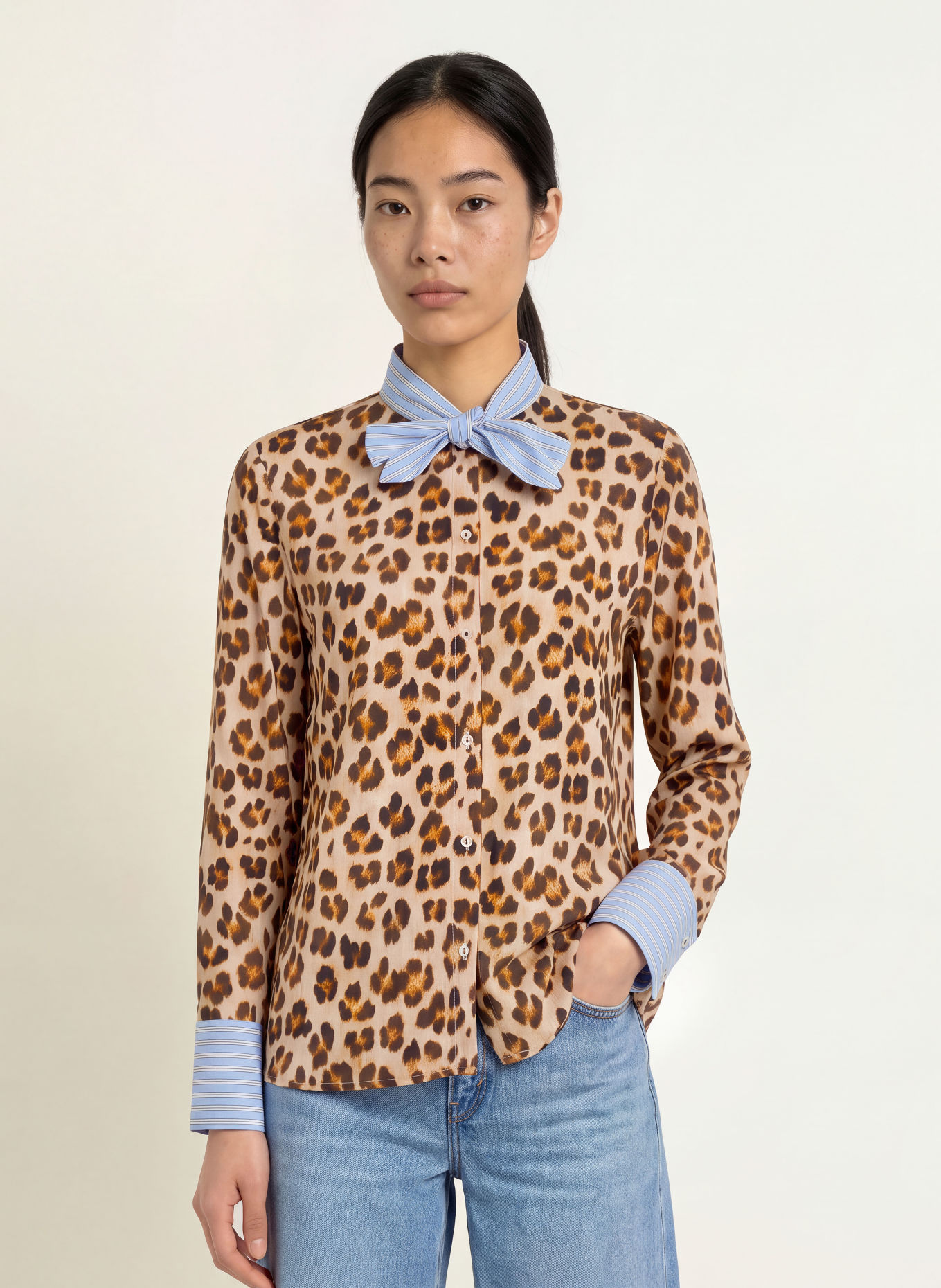 Emily VAN DEN BERGH Strikblouse in een mix van materialen: CAMEL / MARRON FONCÉ / LICHTBLAUW