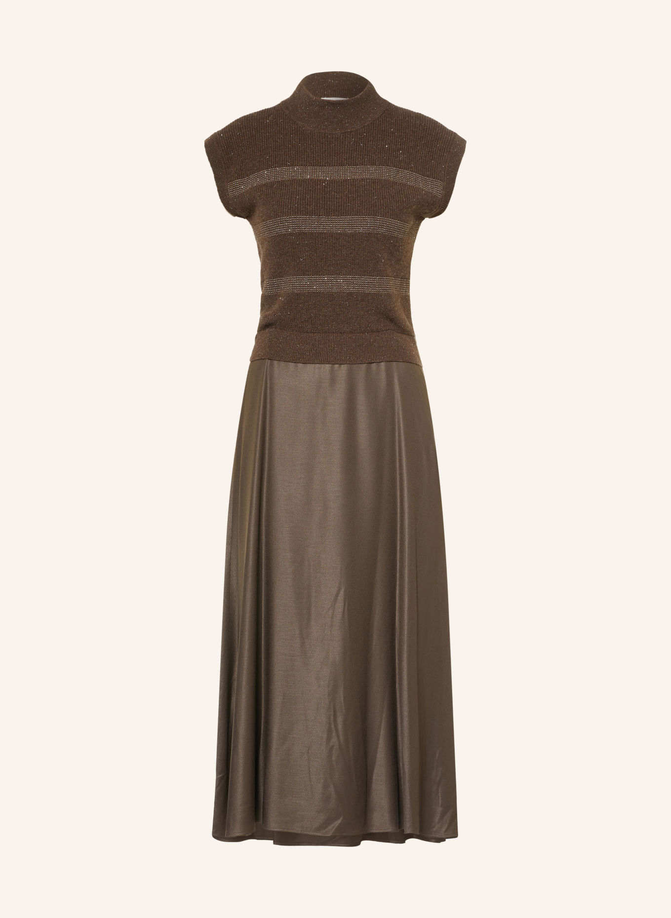 PESERICO Dress made from a mix of fabrics with glitter yarn and decorative beads: DARK BROWN