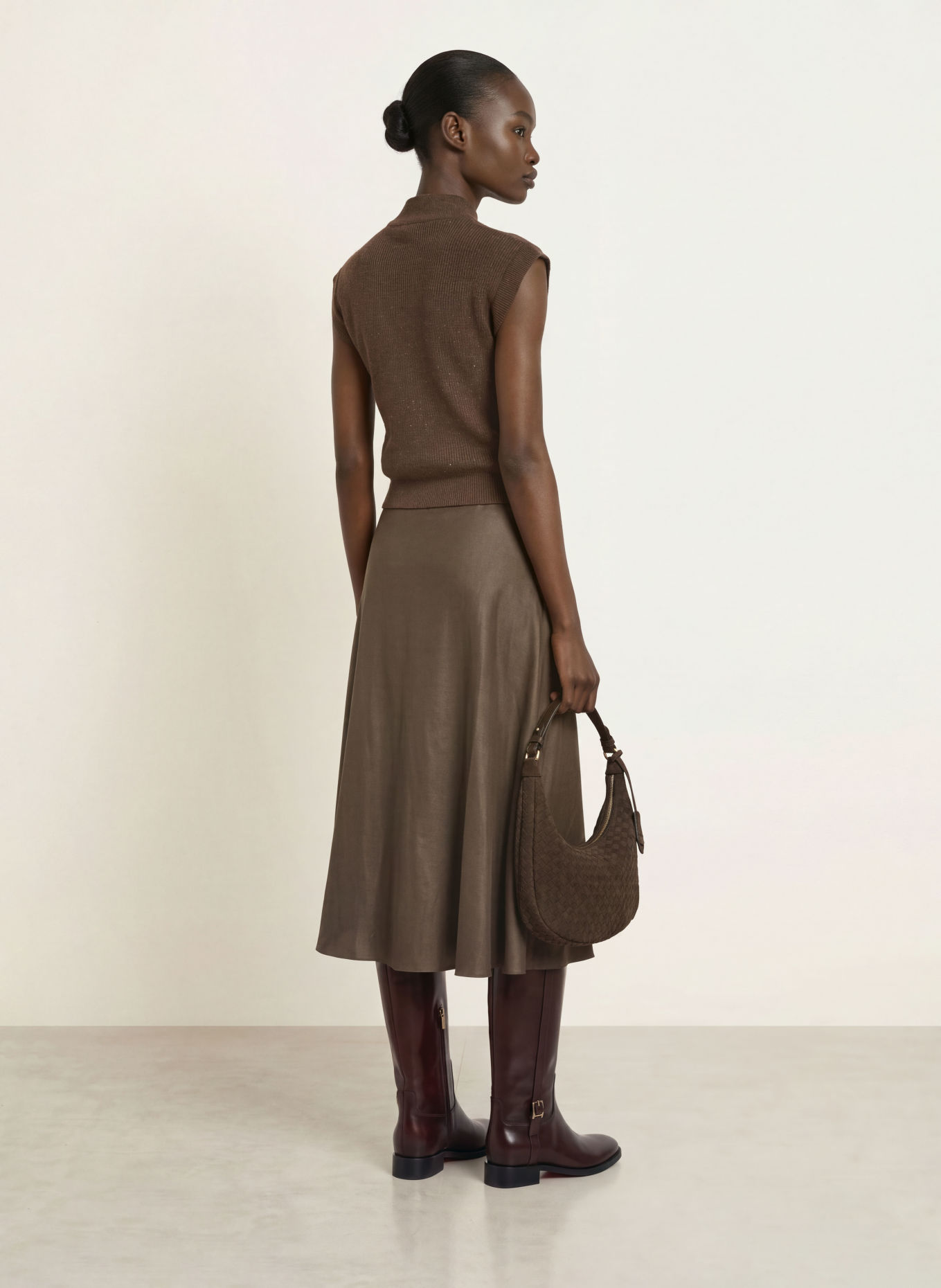 PESERICO Dress made from a mix of fabrics with glitter yarn and decorative beads: DARK BROWN