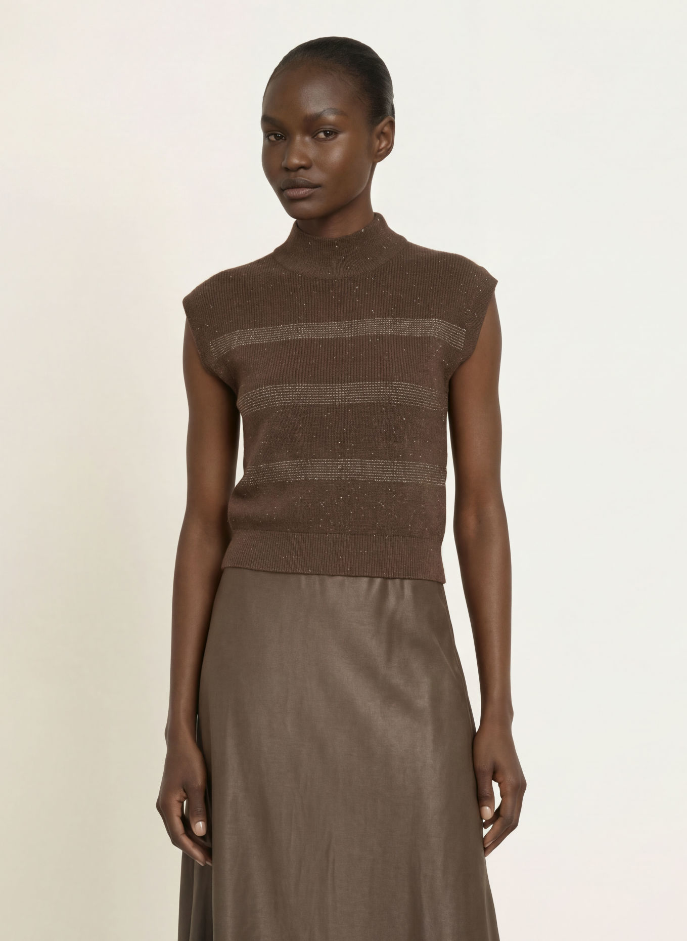 PESERICO Dress made from a mix of fabrics with glitter yarn and decorative beads: DARK BROWN