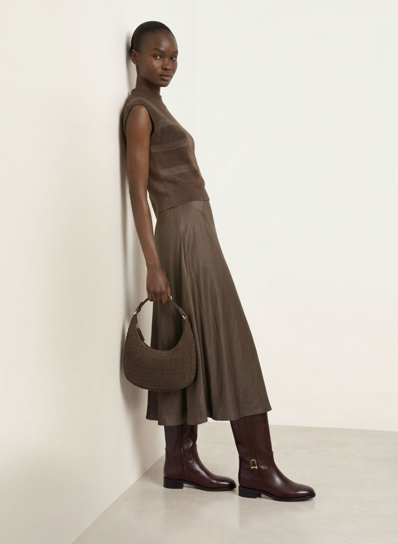 PESERICO Dress made from a mix of fabrics with glitter yarn and decorative beads: DARK BROWN