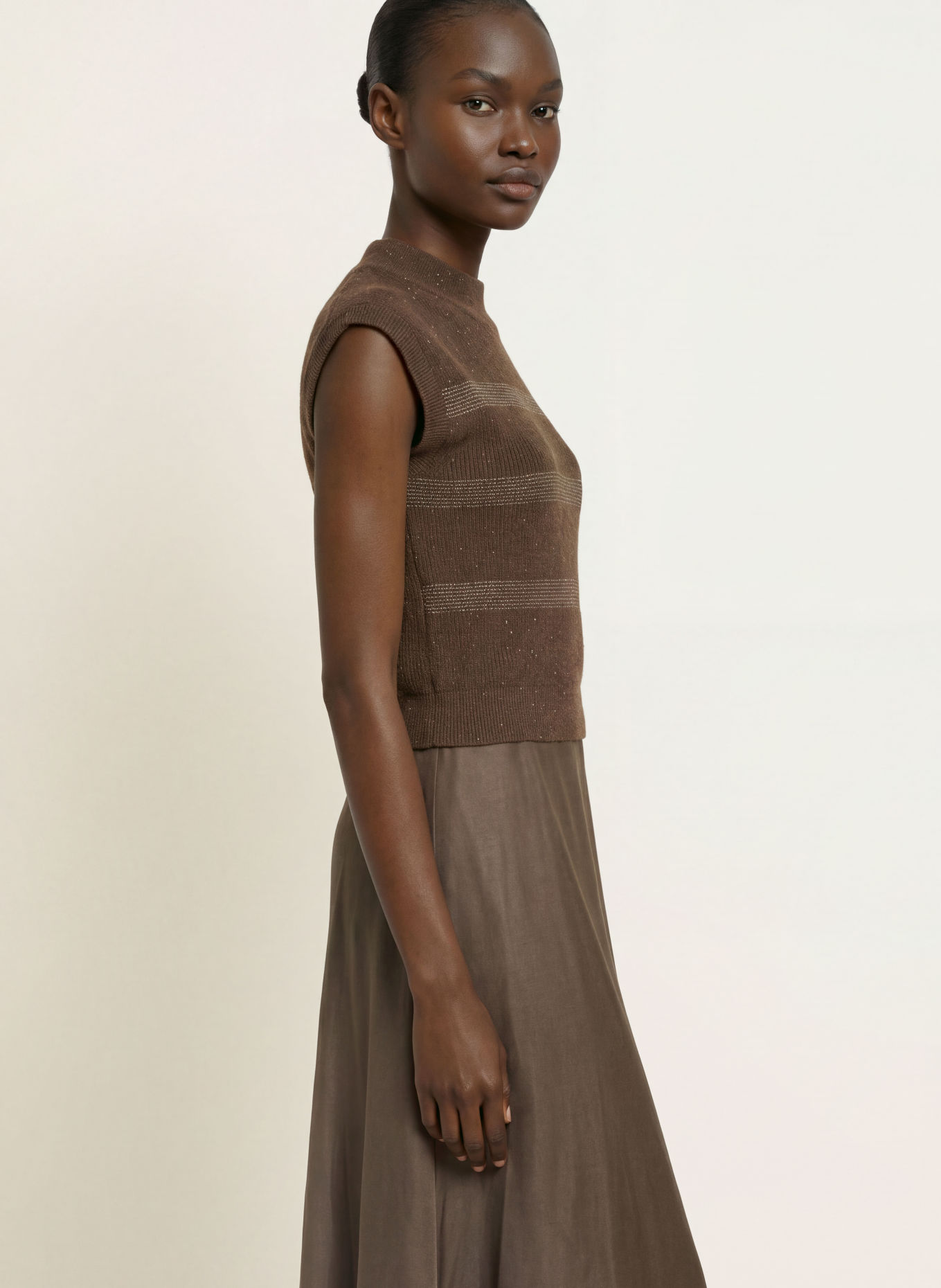 PESERICO Dress made from a mix of fabrics with glitter yarn and decorative beads: DARK BROWN