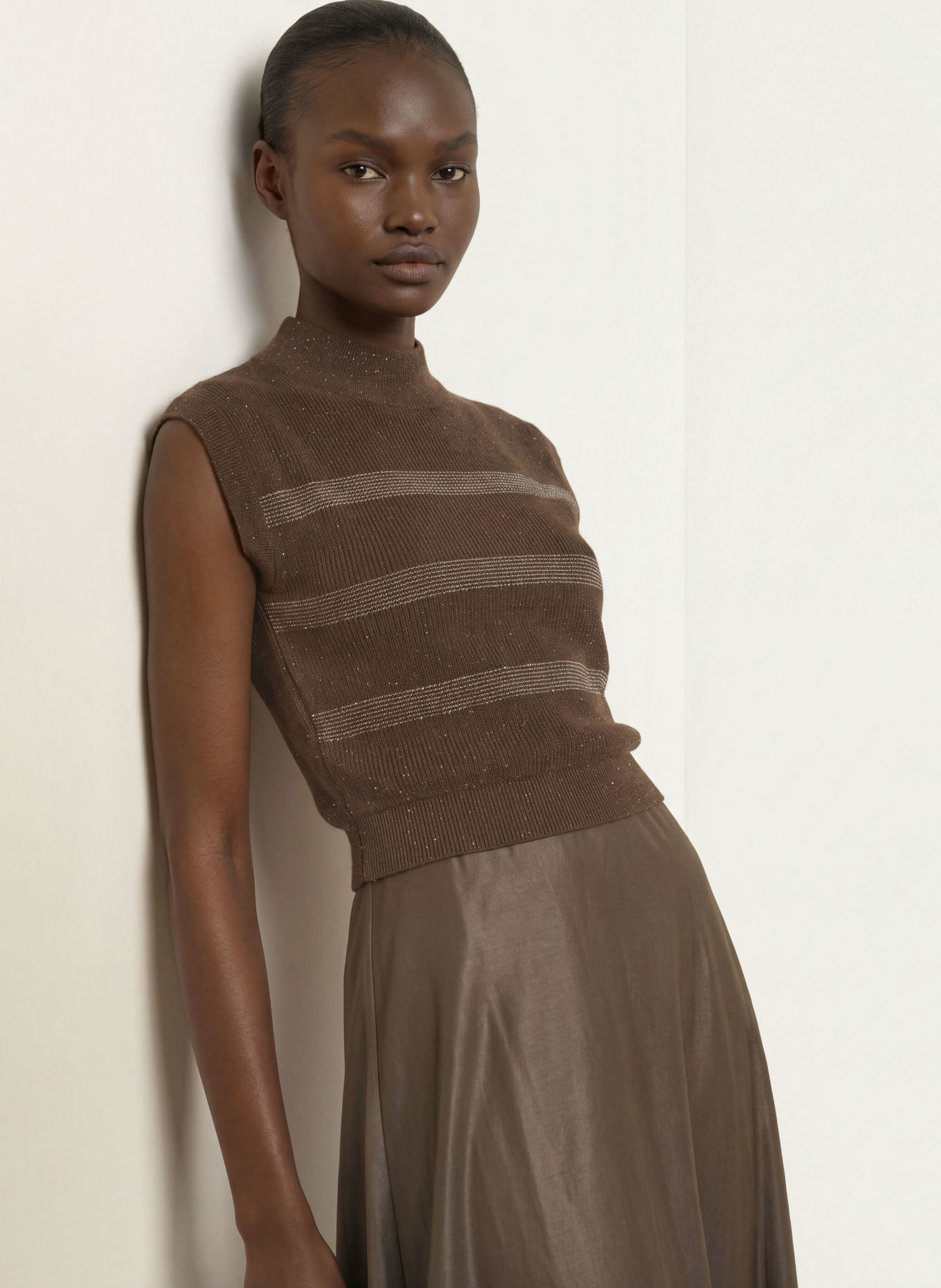 PESERICO Dress made from a mix of fabrics with glitter yarn and decorative beads: DARK BROWN