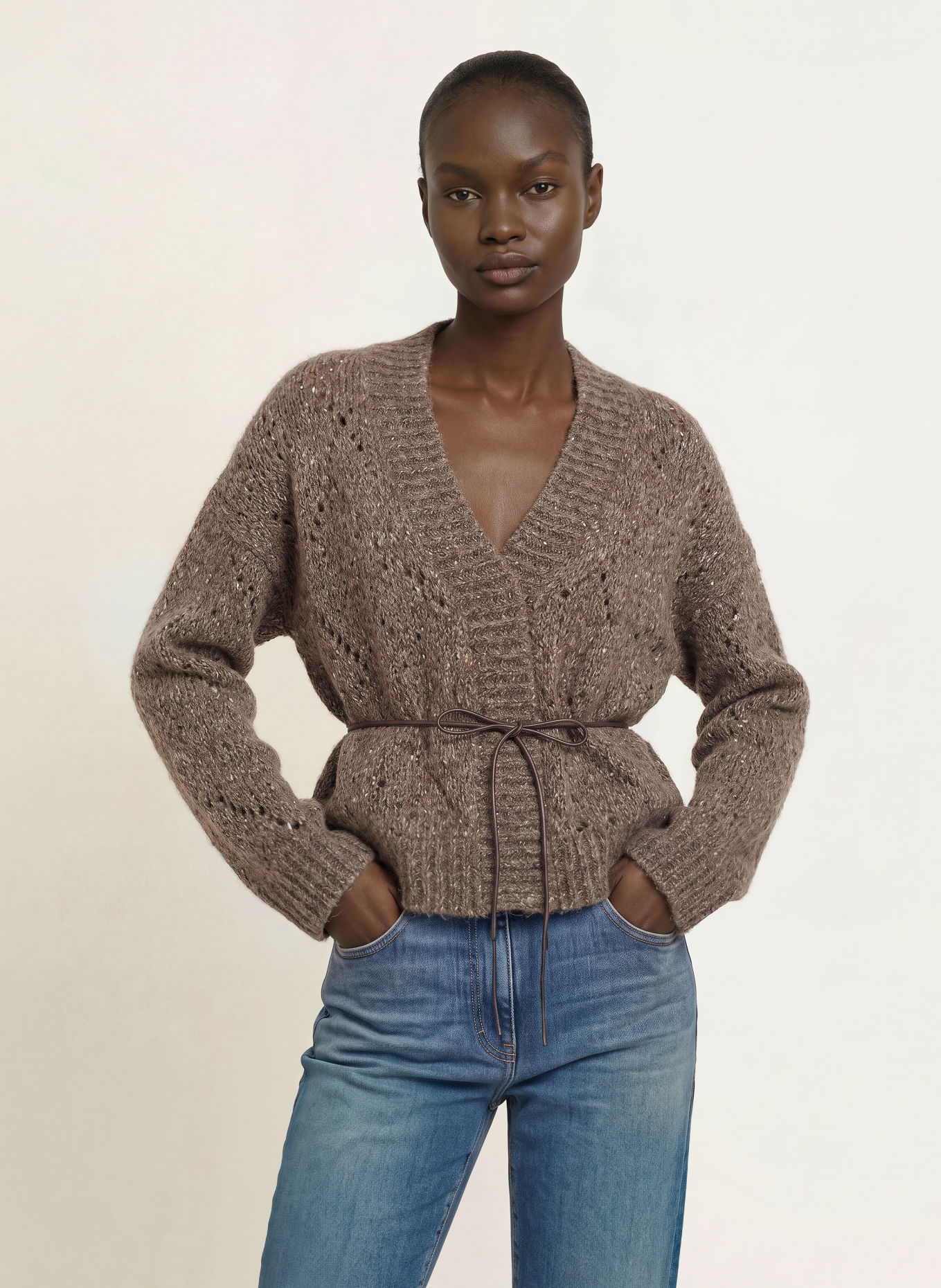 PESERICO Strickjacke mit Alpaka und Pailletten: BRAUN