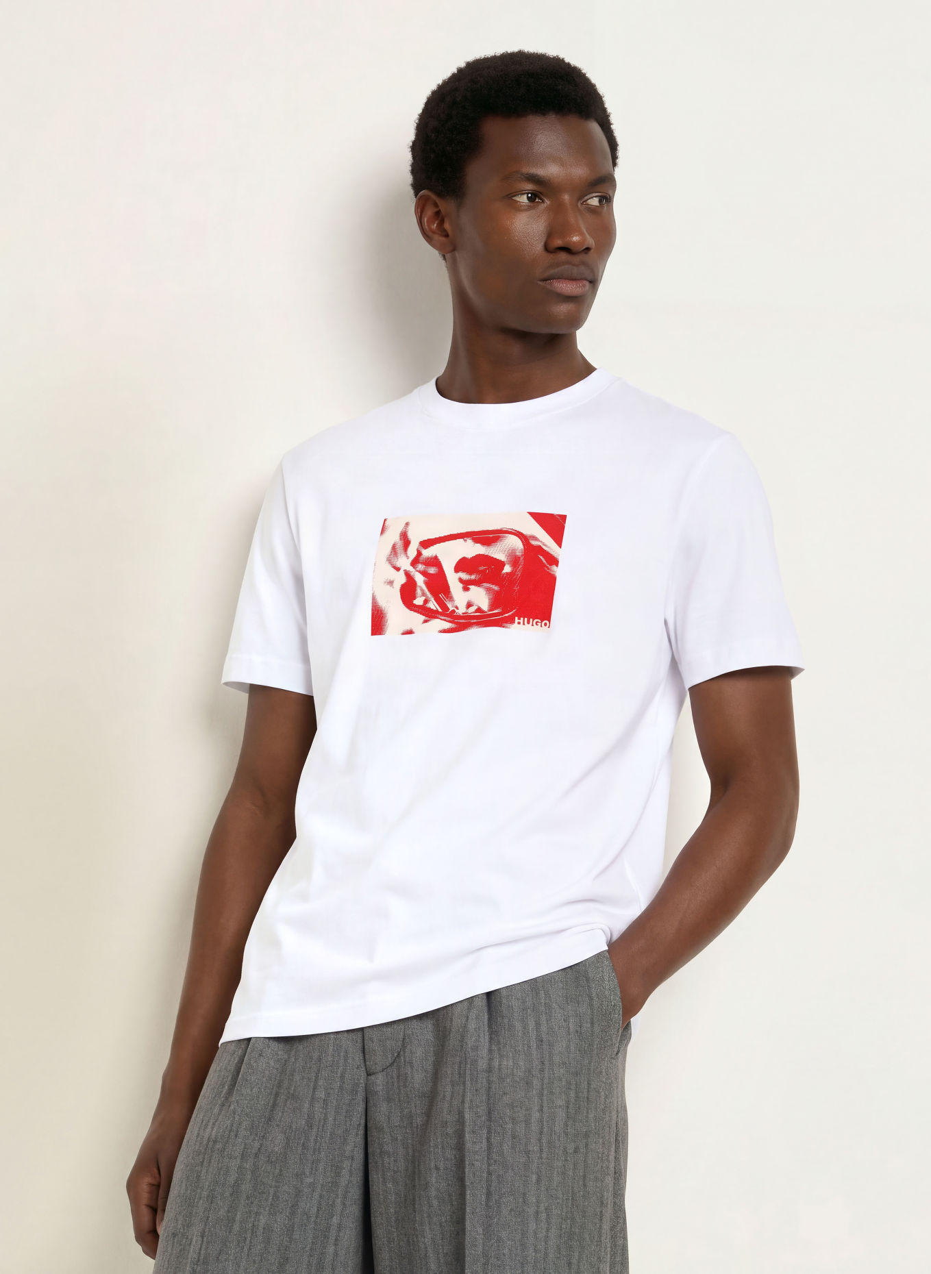 HUGO DIROM T-shirt: WHITE / BEIGE / RED