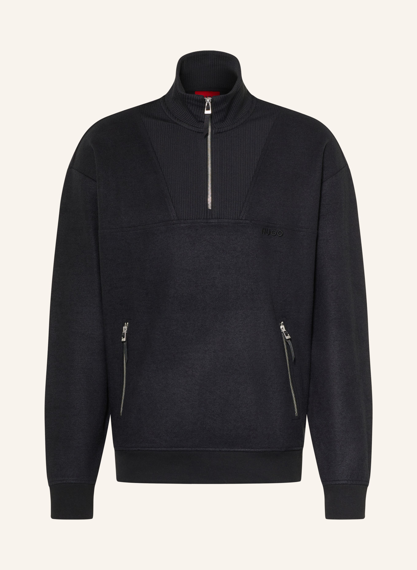 HUGO Fleece-Troyer DERENZIP im Materialmix: SCHWARZ