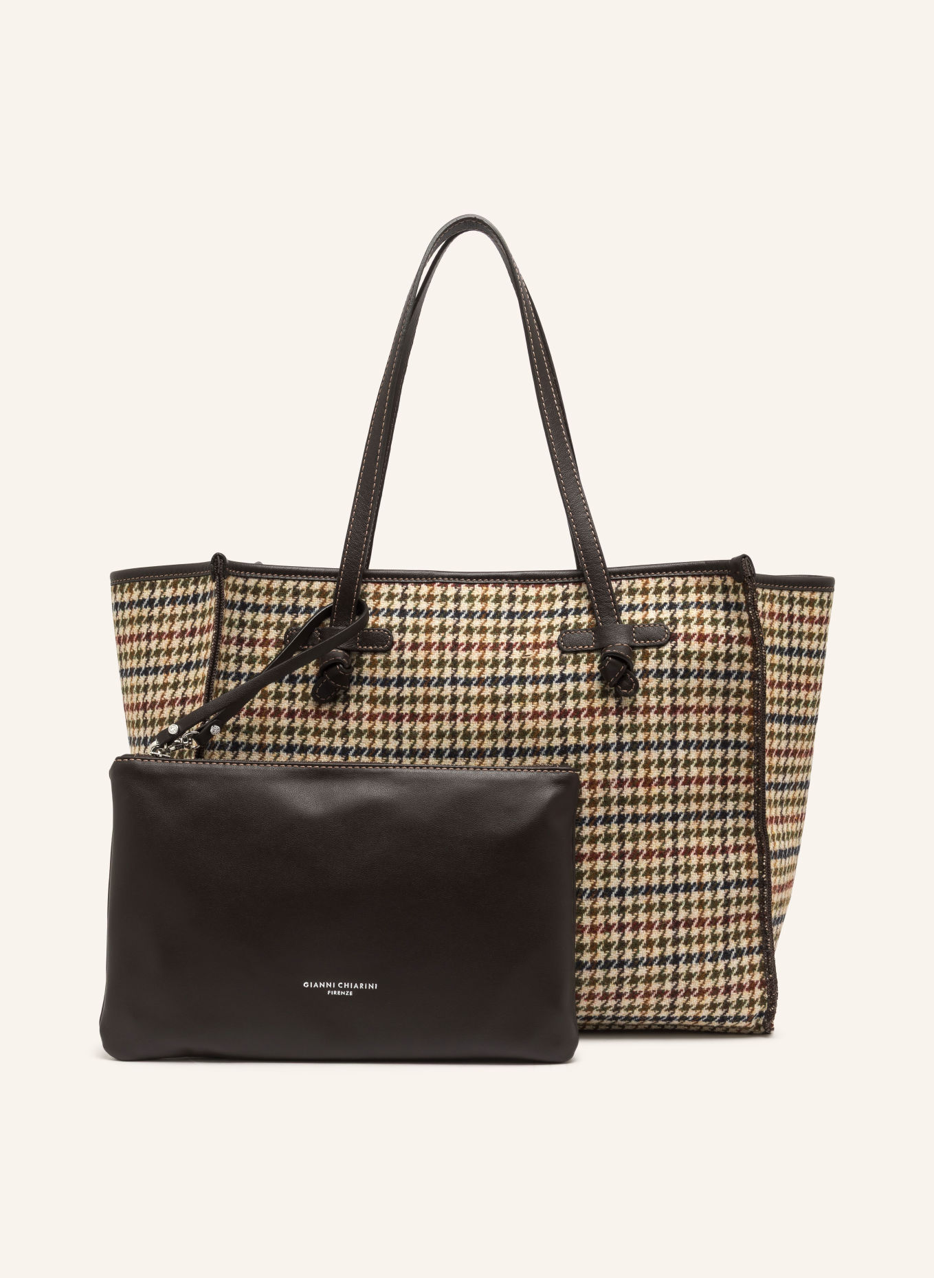 GIANNI CHIARINI Shoppers MARCELLA met Pouch: CRÈME / MARRON FONCÉ / KAKI