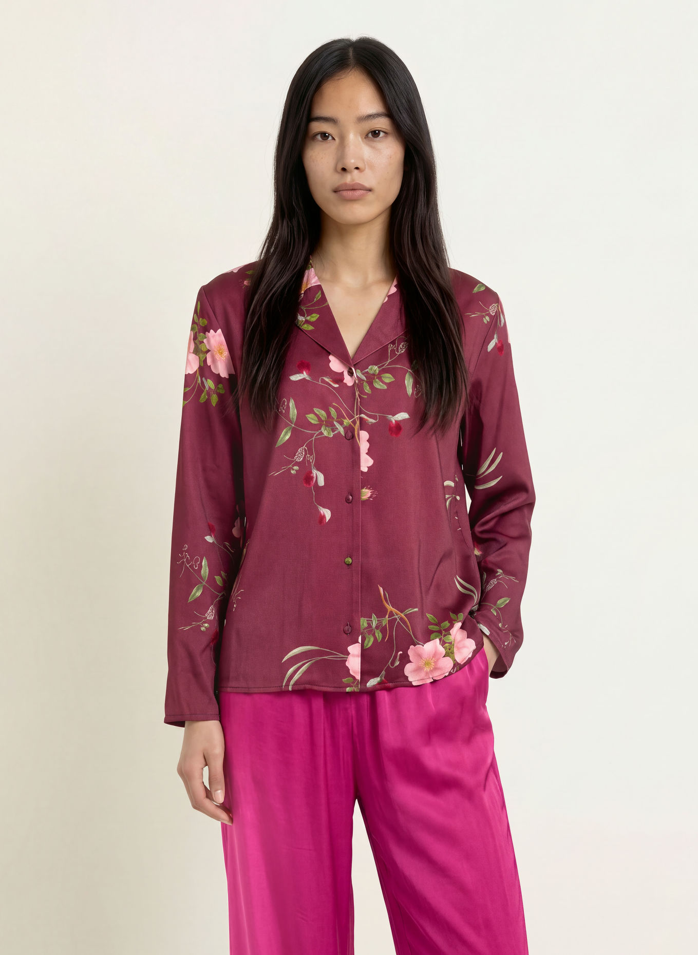 ESSENZA Haut de pyjama ELODIE MAREN en satin: ROUGE FONCÉ / ROSE / VERT