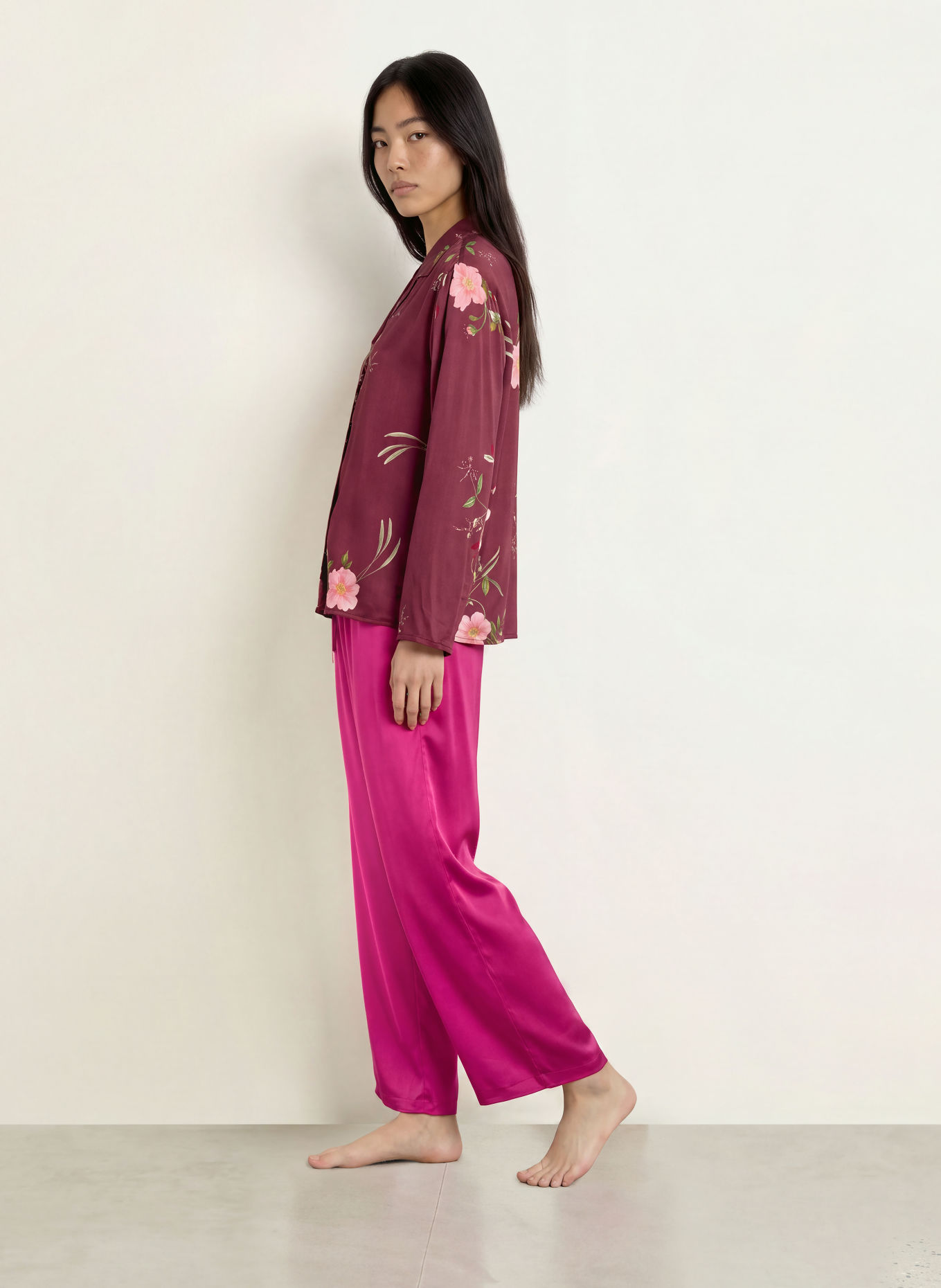 ESSENZA Haut de pyjama ELODIE MAREN en satin: ROUGE FONCÉ / ROSE / VERT