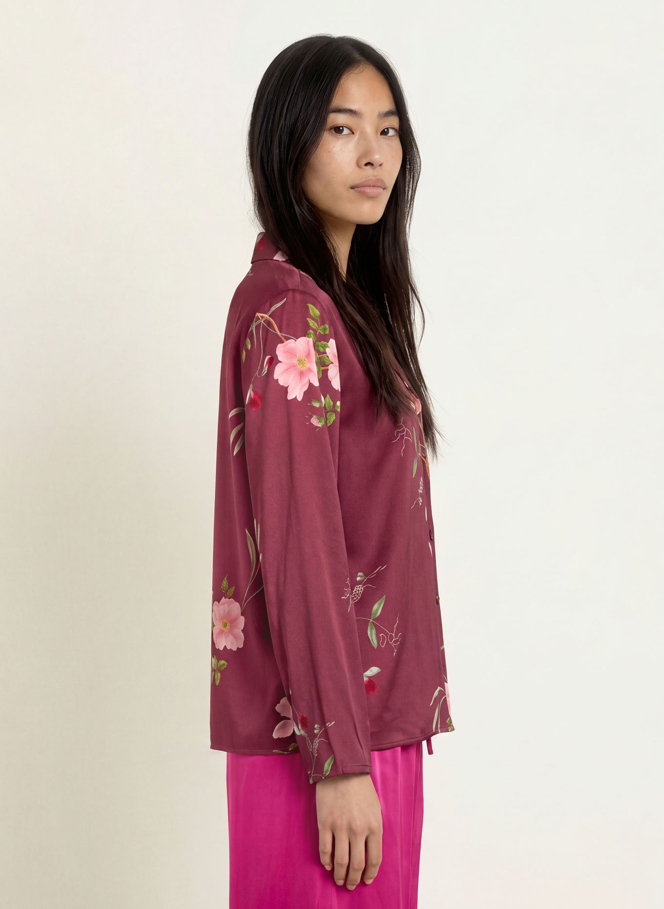 ESSENZA Haut de pyjama ELODIE MAREN en satin: ROUGE FONCÉ / ROSE / VERT