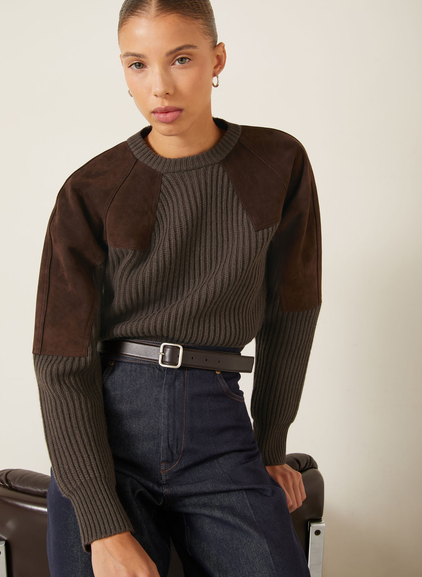 Max Mara Pullover TROPICO mit Leder: DUNKELBRAUN