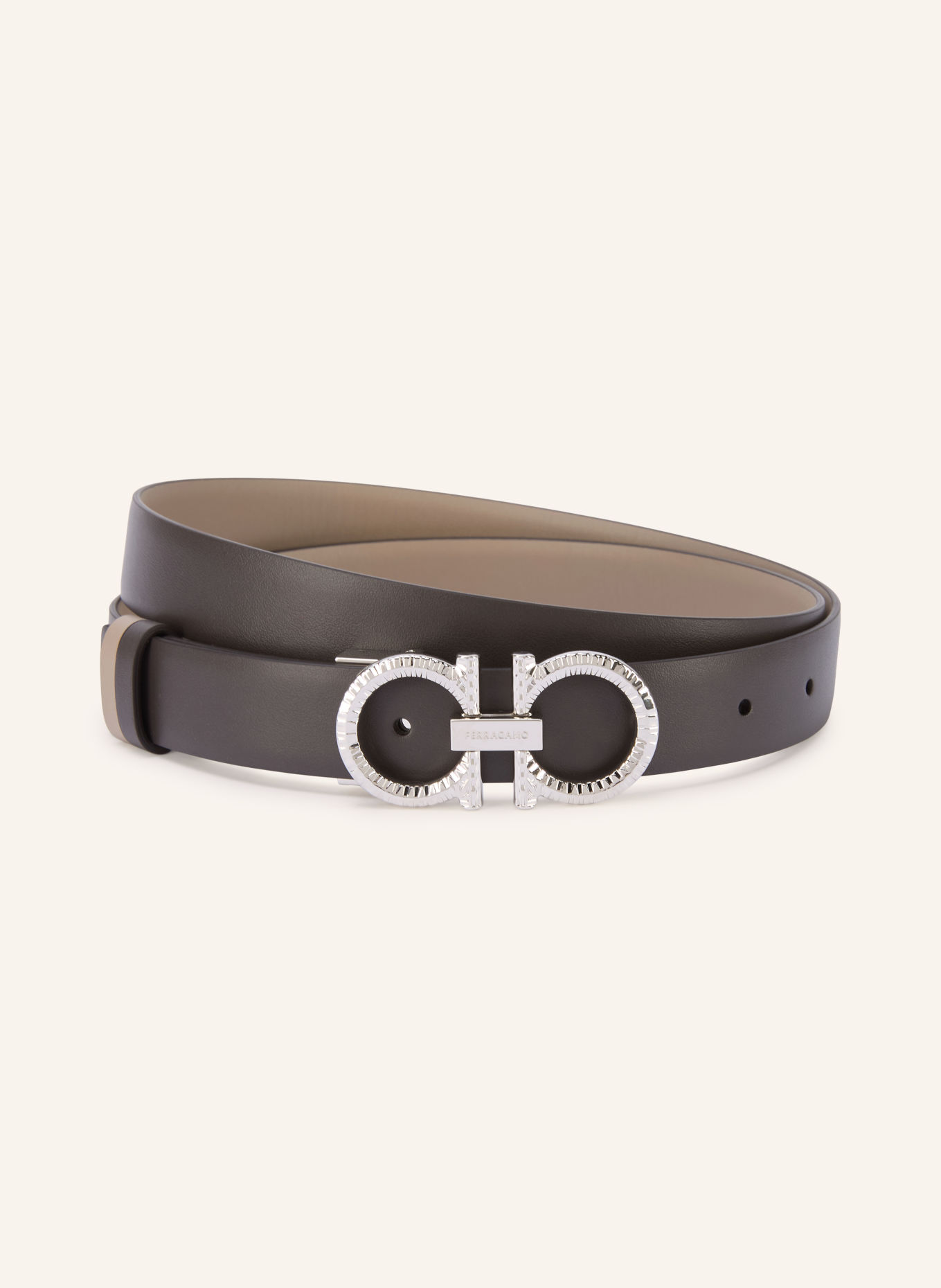 FERRAGAMO Leren riem NEW GANCINI BRIGHT, omkeerbaar: TAUPE / ZILVER / MARRON FONCÉ