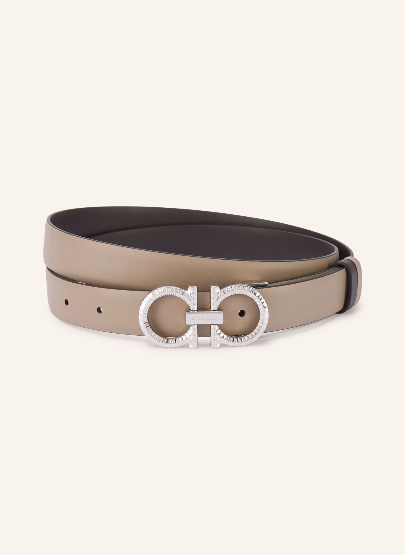 FERRAGAMO Leren riem NEW GANCINI BRIGHT, omkeerbaar: TAUPE / ZILVER / MARRON FONCÉ